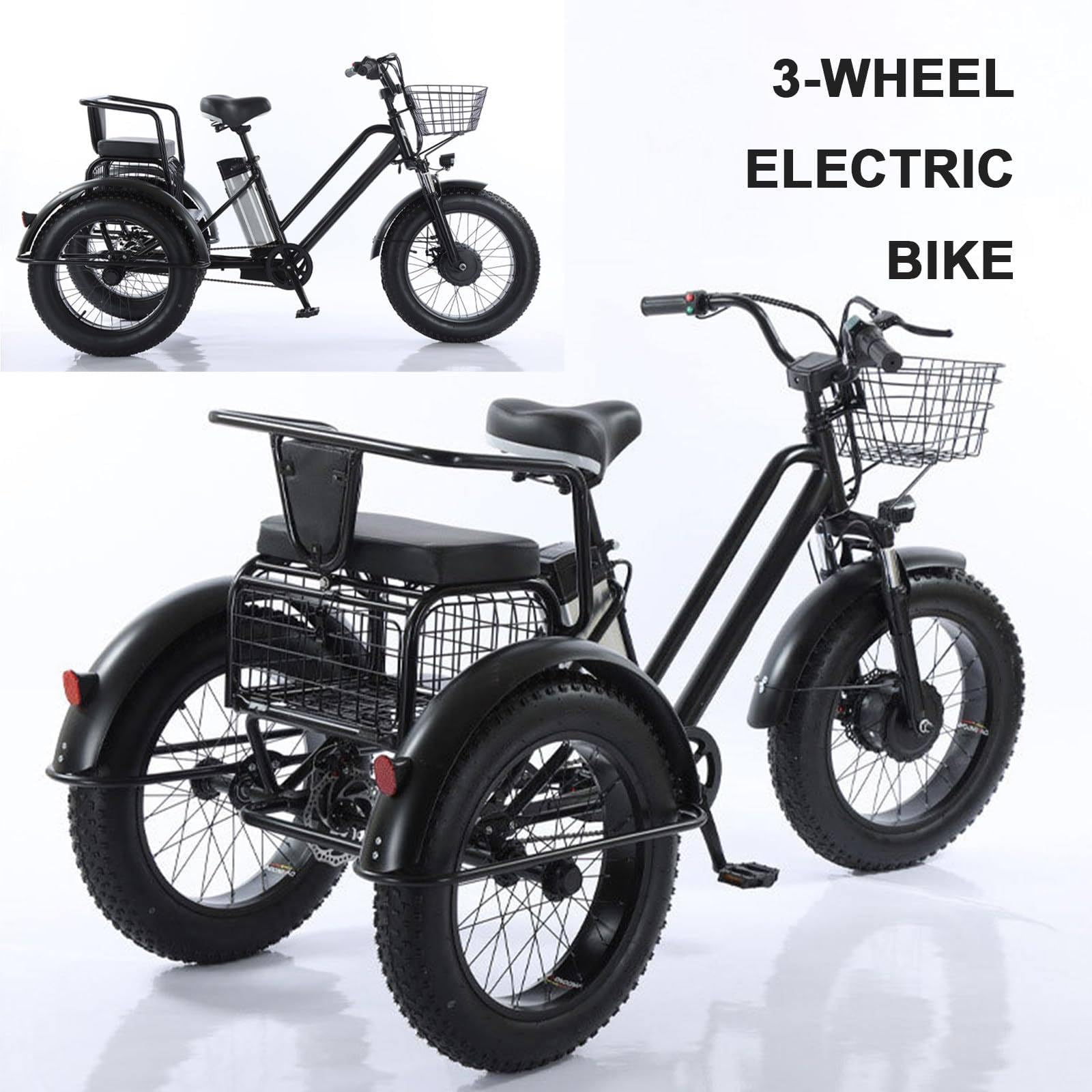 Triciclo Eléctrico Para Adultos,Con Neumáticos Anchos Todoterreno De 20" X 4.0,Cesta De La Compra Y Asiento Trasero,Batería Extraíble De 48v/12ah,Carga 200 Kg,Ideal Para Ir De Compras, Pícnics