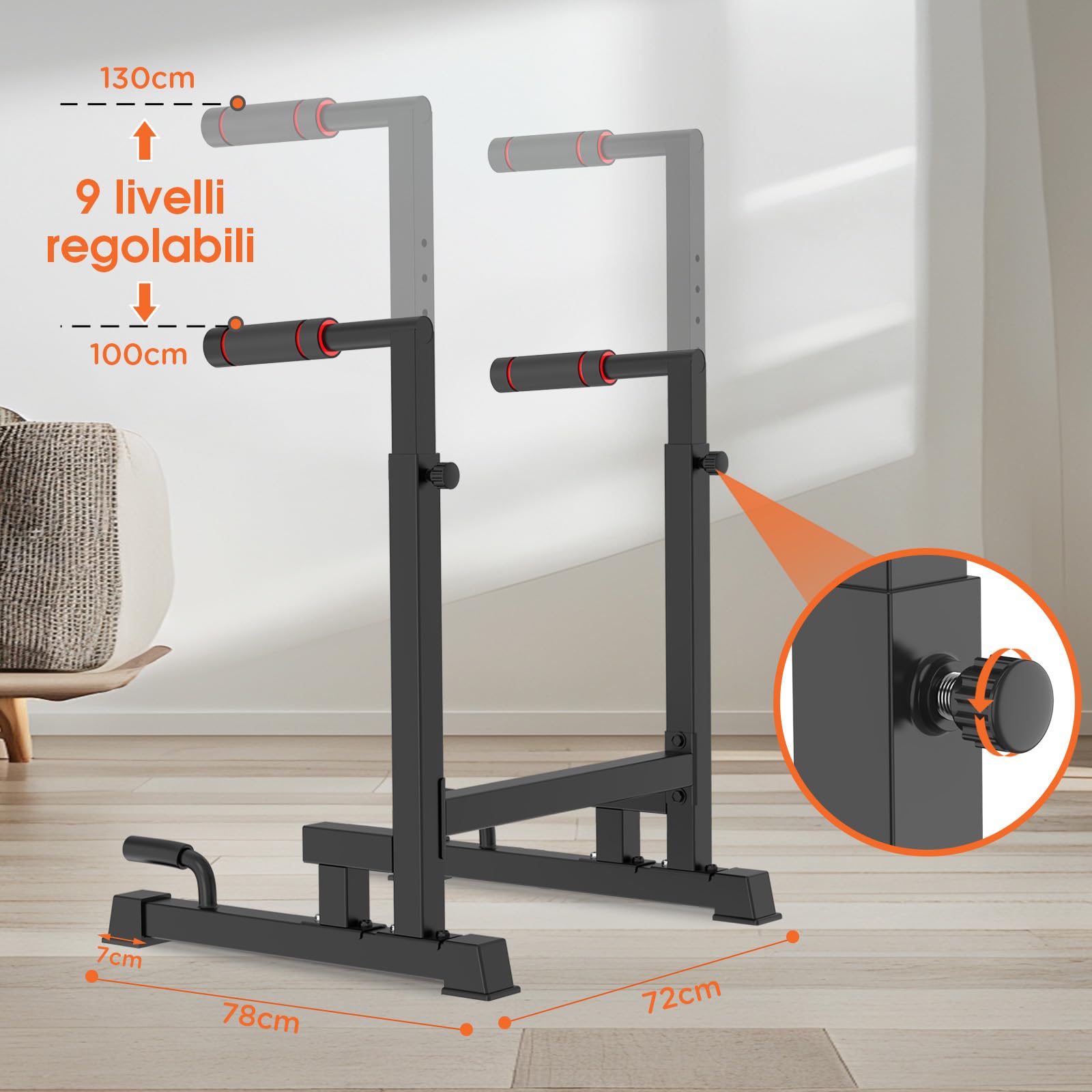 DH FitLife - Dip Parallele Calisthenics Robuste, Stabili e Versatili per Allenamento a Casa | Dip Station Regolabile in 9 Altezze (100-130 cm), Ideale per Parallele Dip, Push Up e Sviluppo Forza