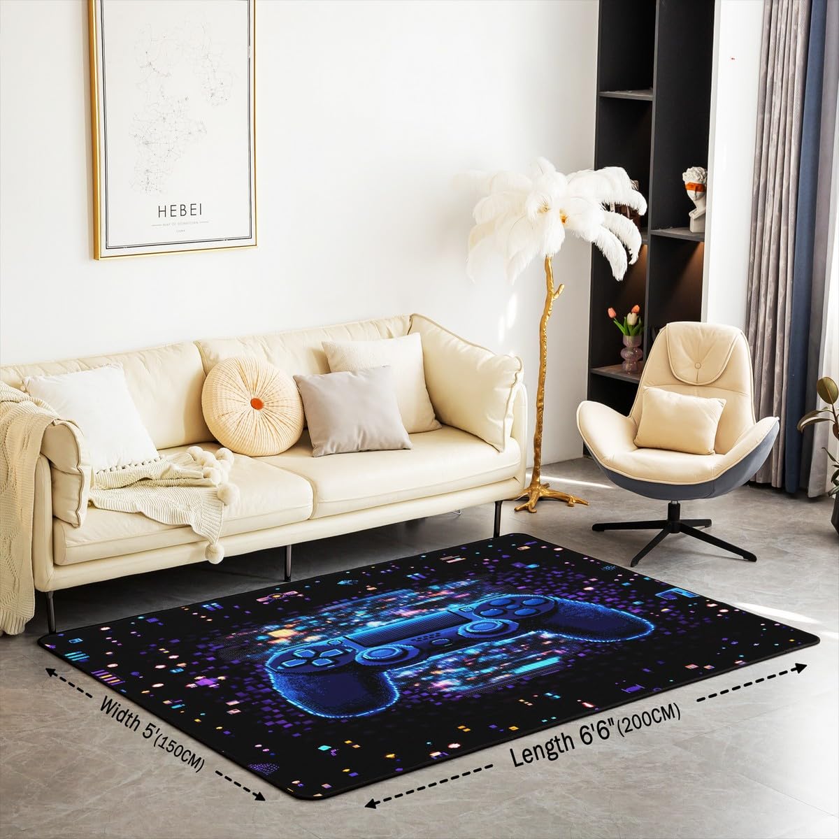 Loussiesd Dywan do salonu dla graczy, 100 x 150 cm, gamingowy dywan akcentujący dla chłopców, dziewcząt, nastolatków, nowoczesny kontroler konsoli do gier, mata podłogowa, joystick, czarno-niebieski,