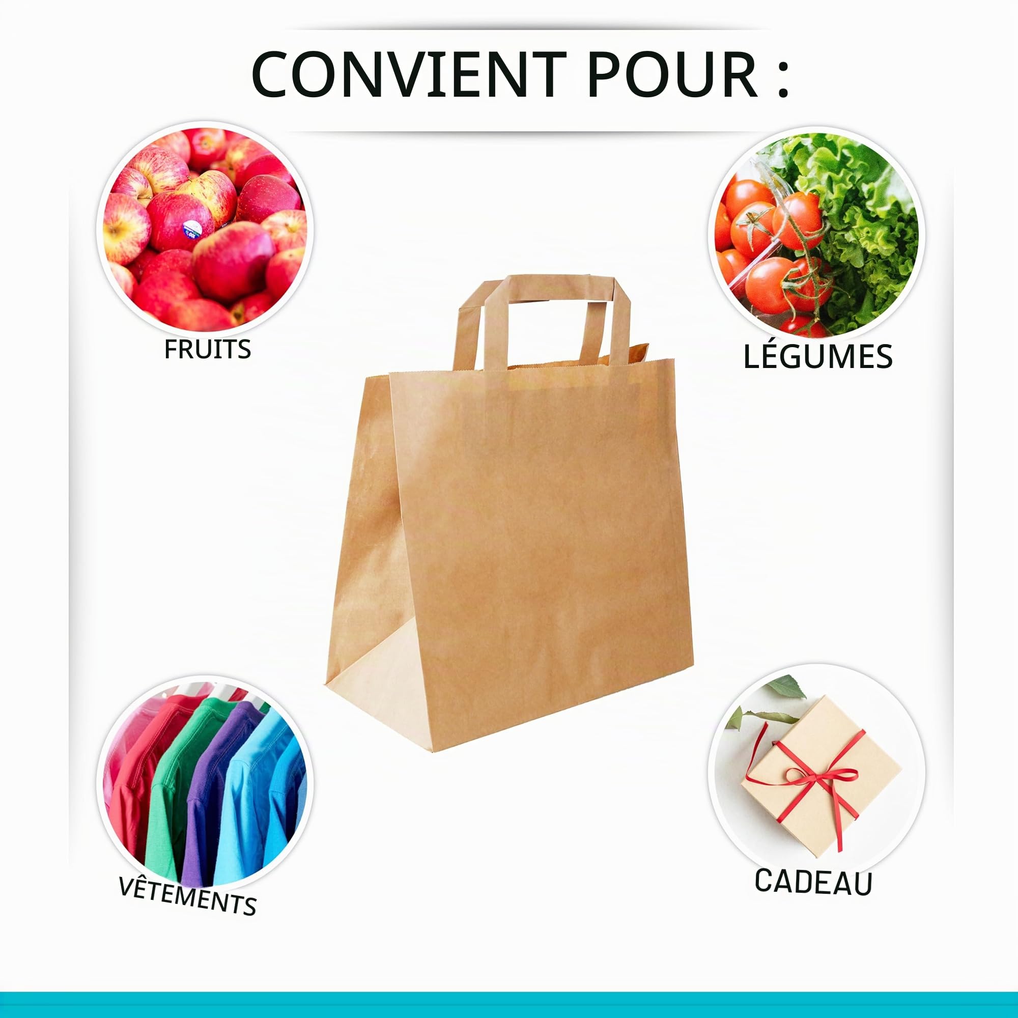 Commerline Lot de 250 Sacs en Papier Kraft, avec Anse, 26 + 17 x 25 cm, Marron