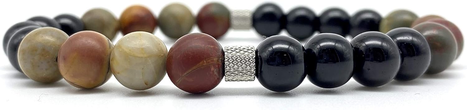 Black Onyx beaded bracelet Picasso Gemstones. Men bracelet Women bracelet Unisex bracelet hand made stretch bracelet