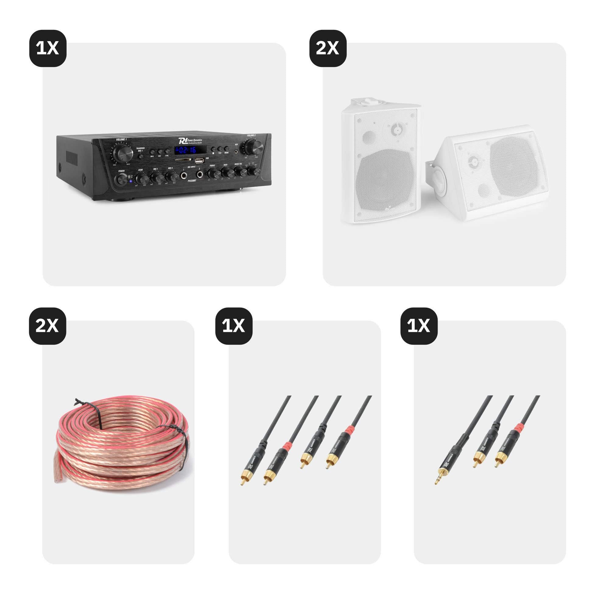 Power Dynamics Sistema de Sonido Profesional - 4 Altavoces Blancos, Bluetooth, USB, FM, Amplificador Integrado, Resistente al Agua IPX5, Soportes y Cables Incluidos, Ideal para Negocios y Hogar