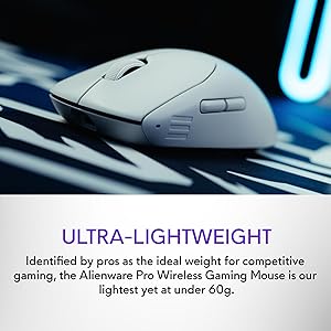 Alienware Pro Wireless Gaming Mouse - 2.4GHz Gaming Wireless/USB Wired Connectivity, Adjustable DPI, Optical Sensor Technology, 6 Programmable Buttons, 650 IPS Sensor Max Speed - Lunar Light