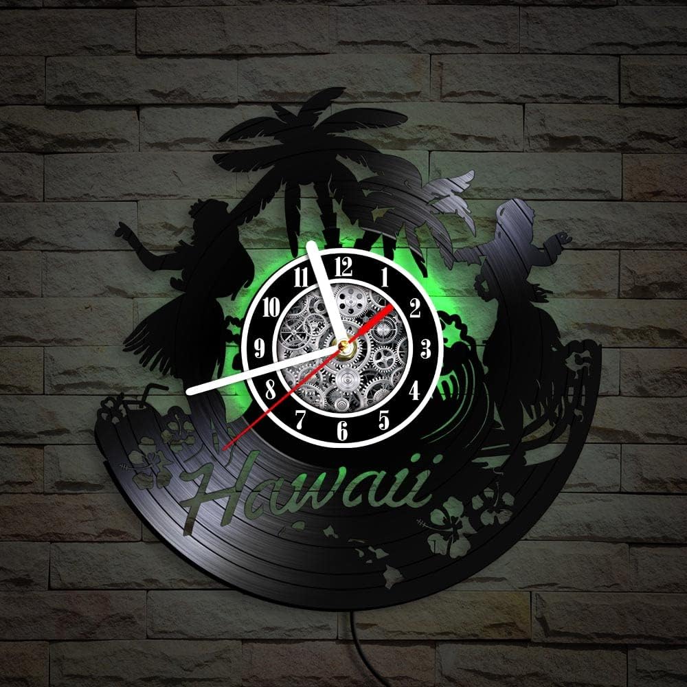 The Geeky Days Hawaii Sun Summer Holiday LED Vinyl Record Wall Clock 7 Color Light, Silent Quartz 12inch Vacations Fun Vintage Carved Ablum Longplay Hanging Watch Living Room Decor