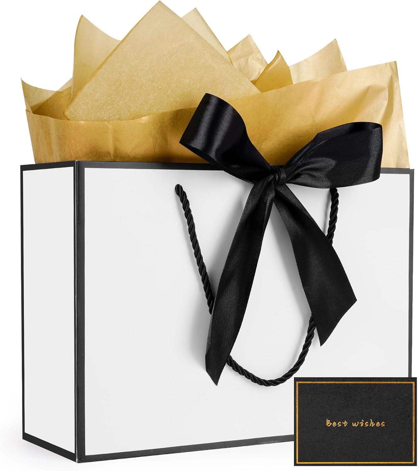 Gfractolux Large Gift Bags for Present, 1 Pcs Gift Bags for Women Men with Tissue Paper and Cards, Gift Bags for Birthdays, Baby Shower, Wedding, Anniversary 14.2" x 9.8" x 4.7" (White-Black)
