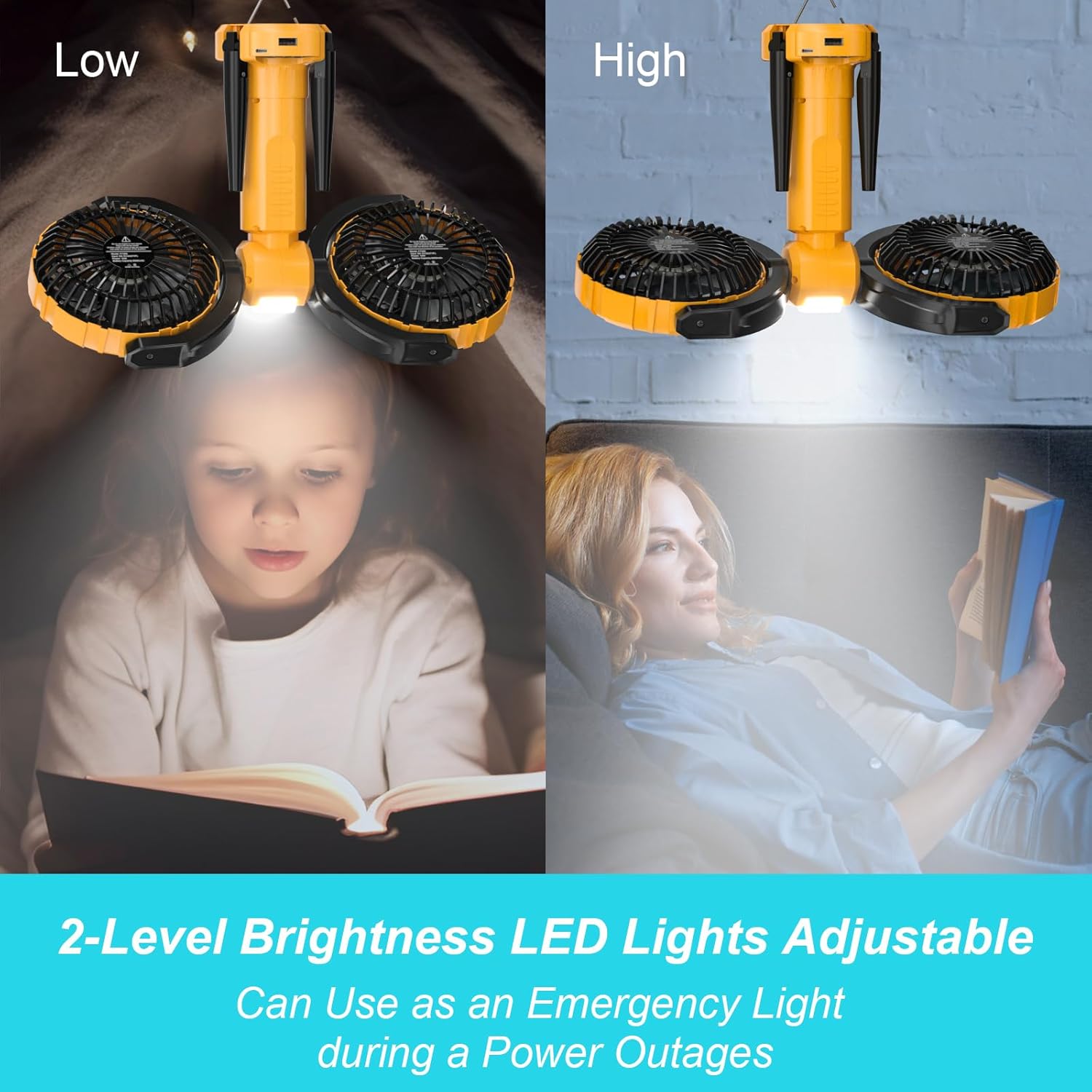 SoulBay Outdoor Camping Oscillating fan, Cordless Rechargeable Battery Tripod Tent Fan with LED Lantern Hook 4 Powerful Speeds 270° Dual Head Oscillation for Patios Garage RV Travel Home Blackout