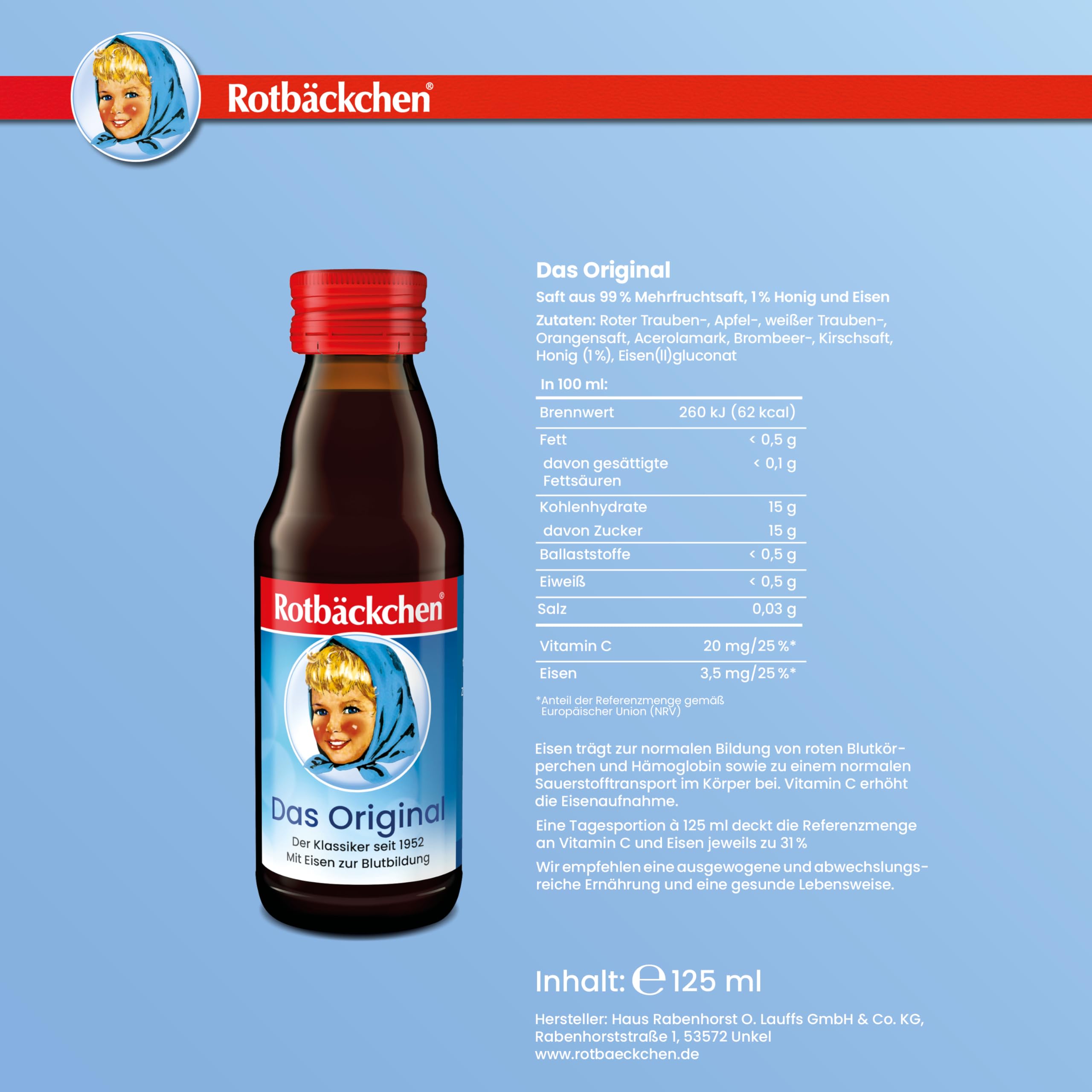 ROTBÄCKCHEN Das Original MINI 24er Pack (24 x 125 ml) | Saft aus 99 % Mehrfruchtsaft, 1 % Honig und Eisen