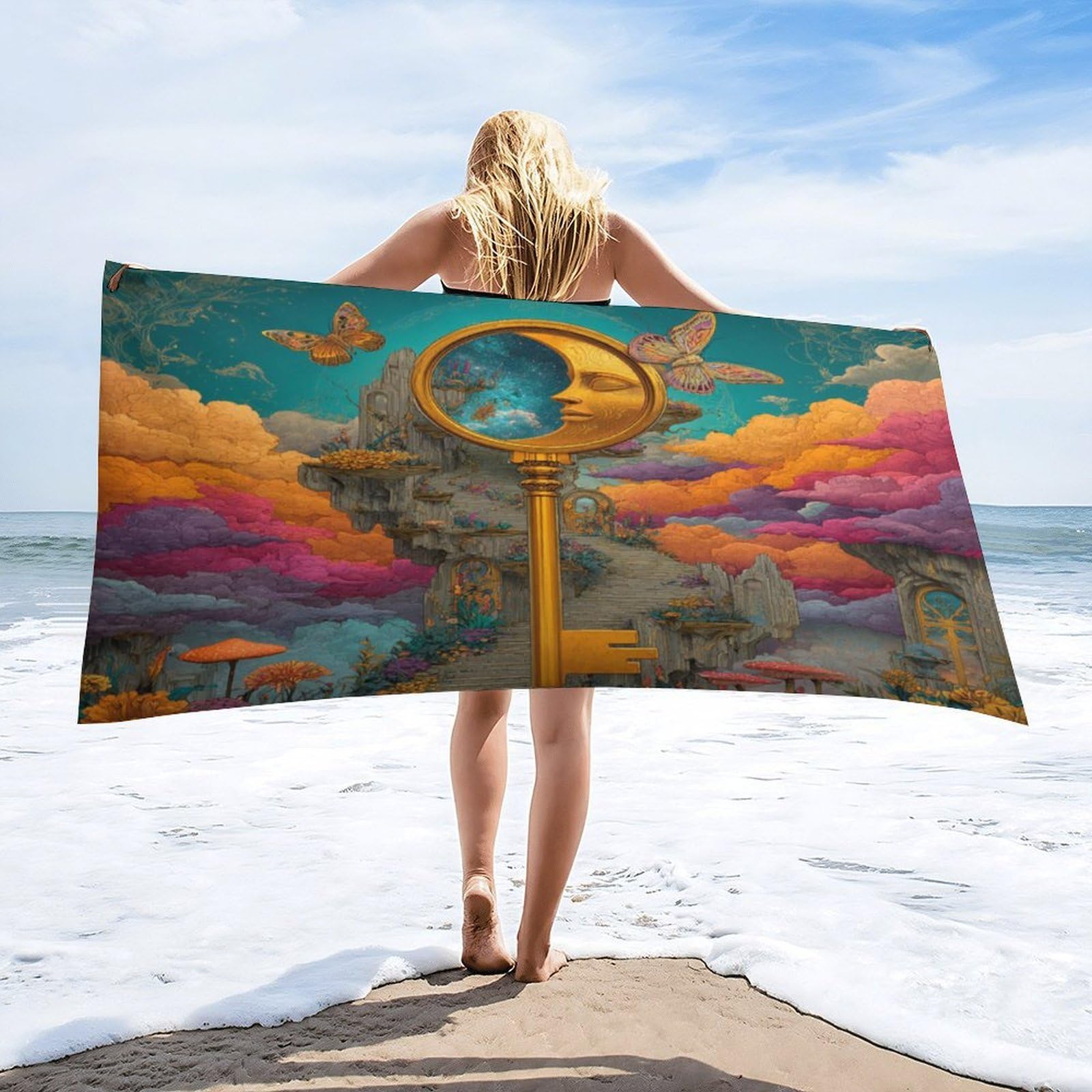 Luyysky Colorful Fantasy Fairy Garden Absorbent Beach Towel, Classic Watercolor Starry Sky Galaxy Animal Butterflies Flowers Outdoor Single-Sided Velvet Beach Towel-80 W Cm X 160" L Cm