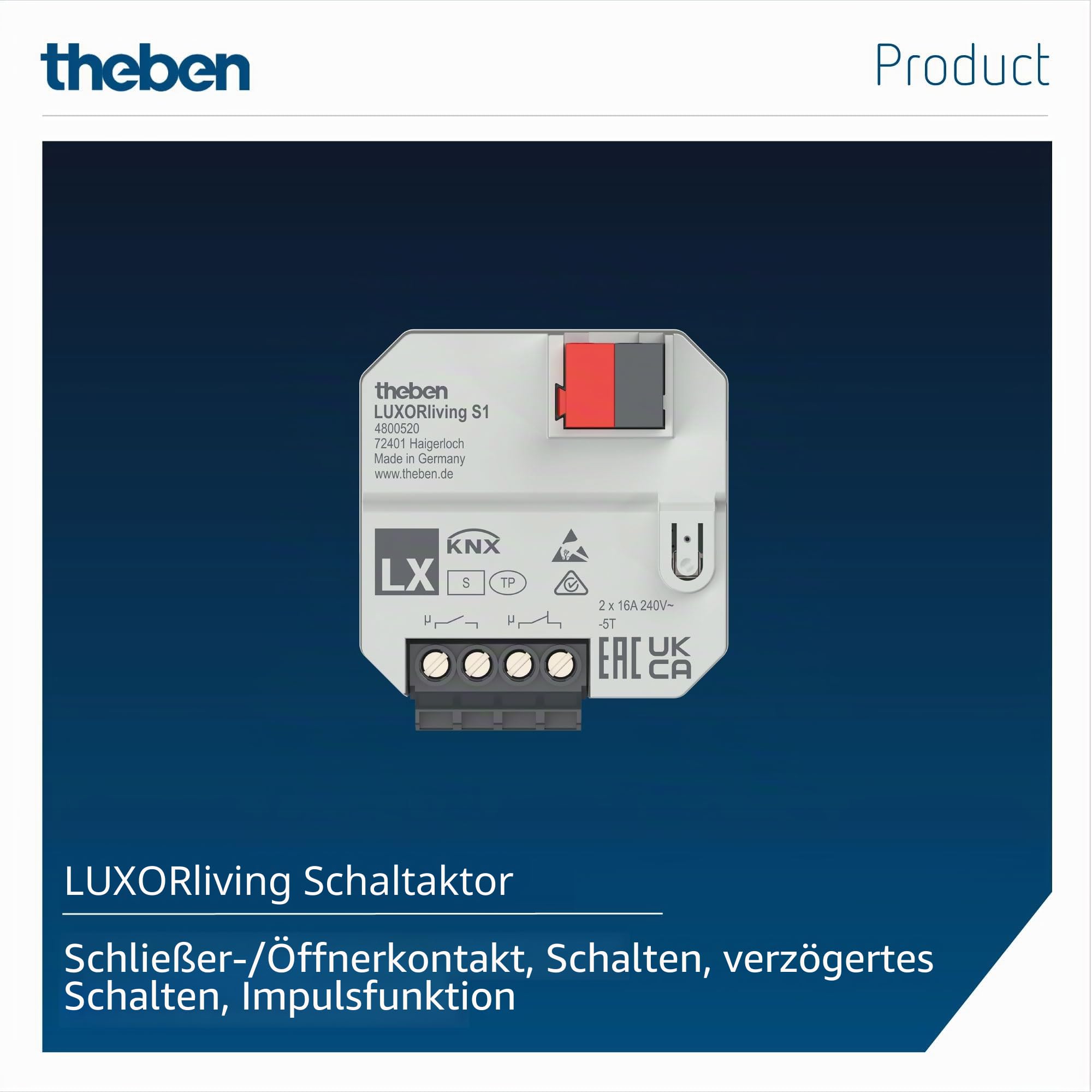 Theben 4800520 LUXORliving S1 Unterputz-Schaltaktor 1-fach | UP, 2 Binäreingänge, Schließer-/Öffner-Kontakt, Schalten, Verzögerung, Impuls, Temperaturüberwachung integriert