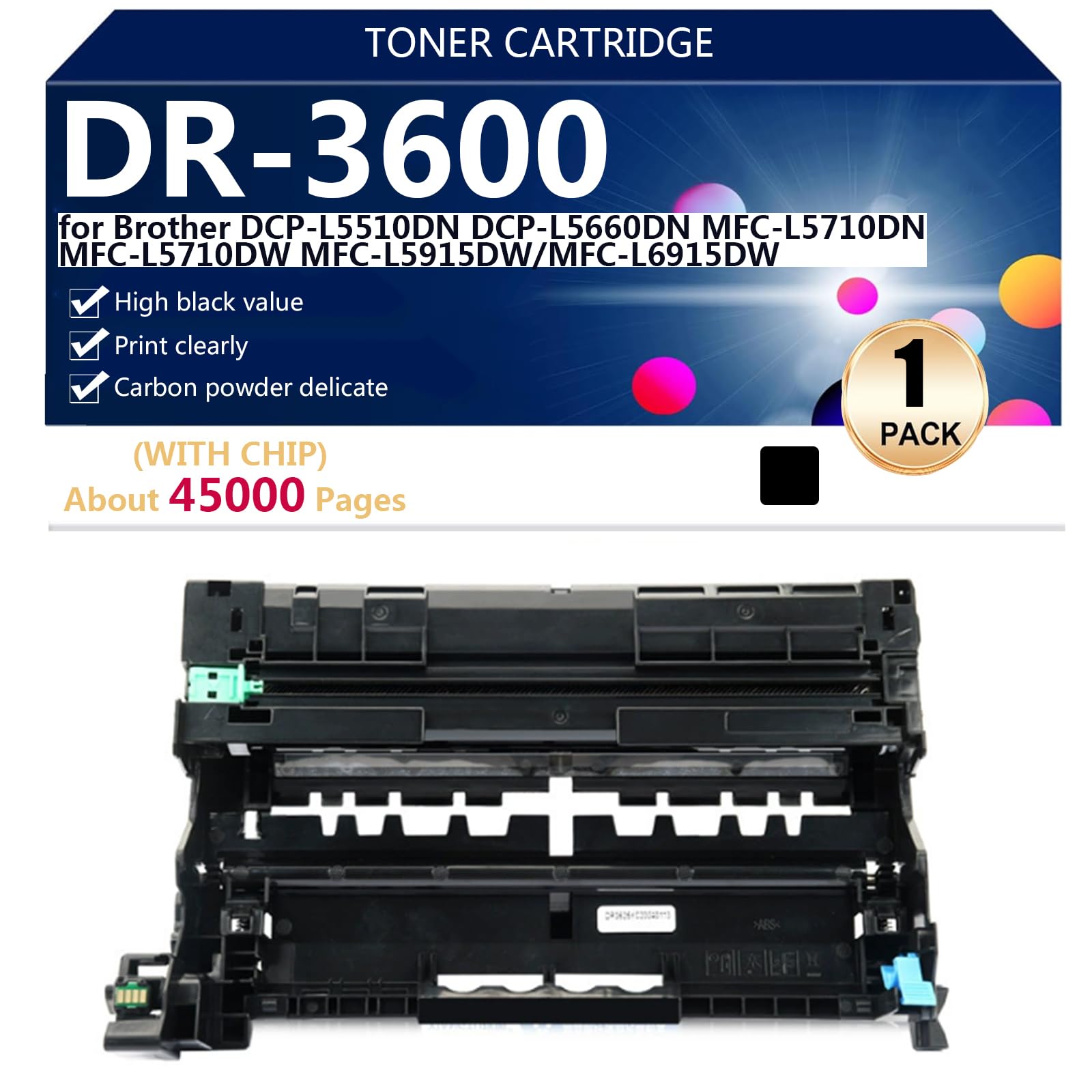 DR-3600 Tambour DR-3600 Compatible pour Brother DCP-L5510DN DCP-L5660DN MFC-L5710DN MFC-L5710DW MFC-L5915DW MFC-L6915DW Imprimantes, Transparent et Durable,Black-1 Pack