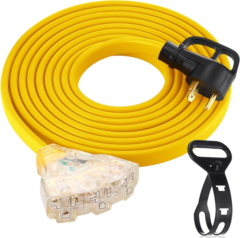 20 FT Flat RV Generator Adapter Cord NEMA TT-30p to 3X 5-20R/5-15R, 30A to 110V 15/20 A Household Outlet Adapter, 10 Gauge Flat Rv Generator Extension Cord, Etl Listed, Yellow