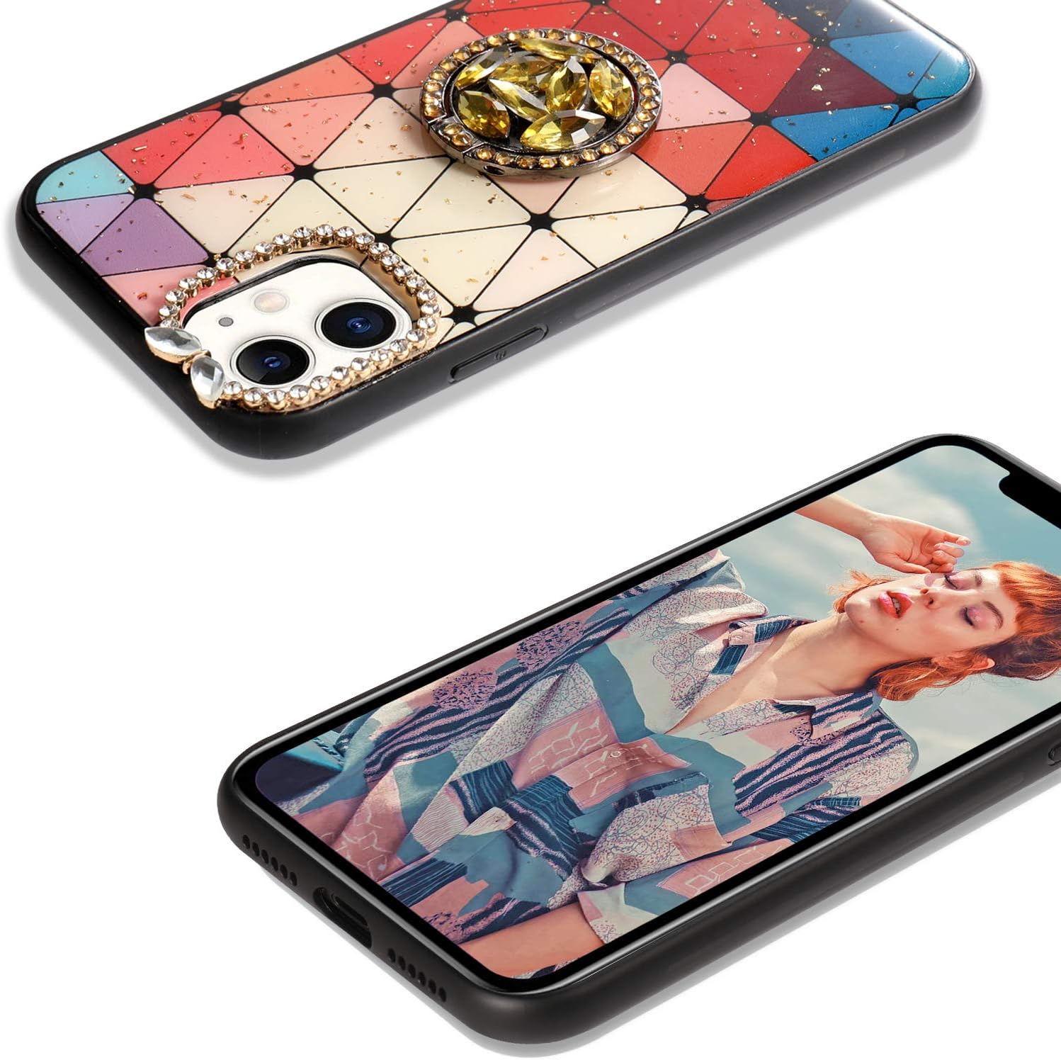 Aulzaju for iPhone 11 Pro Max Case Bling Diamond Rhinestone Bumper Cover with Ring Kickstand Luxury Stylish Cute Grid Marble Design Gold Sparkle Glitter Girly Case for Women 6.5 Inch- Red