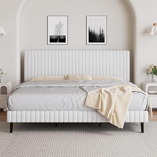 Miniatura 18 de BarnFurin Base de cama tamaño Queen con cabecera ajustable, plataforma tapizada de terciopelo con diseño capitoné de canal vertical, no requiere