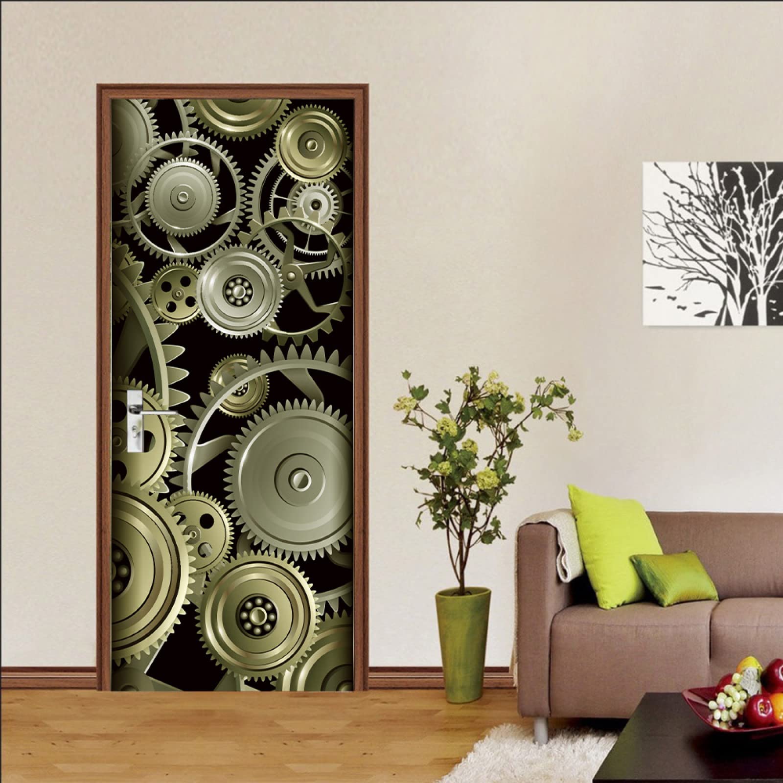 3D Door Mural Sticker Abstract Gear W85 x H205 cm Interior Doors Modern Art Peel and Stick Removable Vinyl Decals for Home Decor