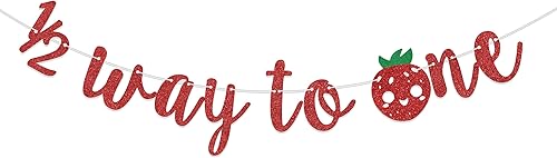 Cartel de Half Way To One, decoración de fiesta de bebé con temática de fresa, decoración de fiesta de cumpleaños de 12 de bayas con purpurina roja