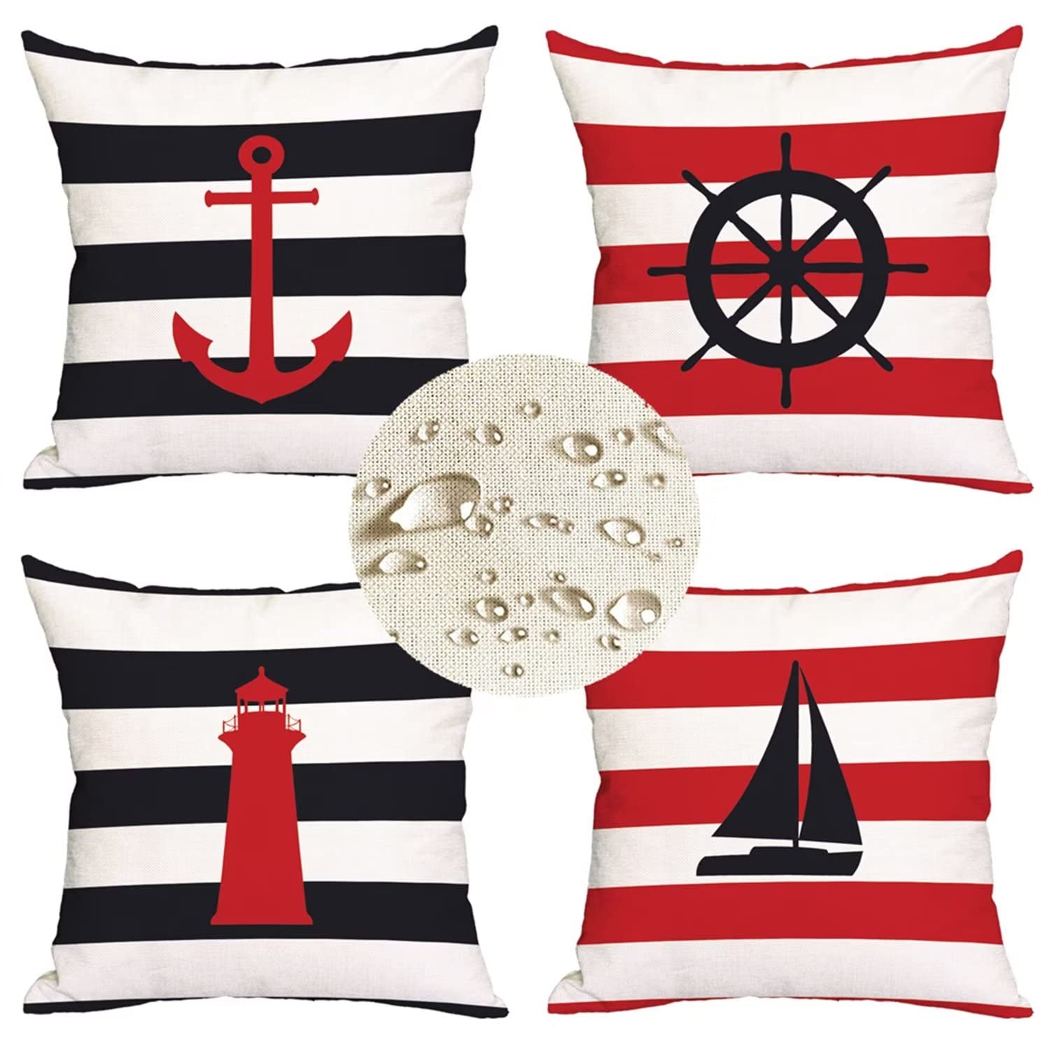 Set di 4 Fodere per Cuscino Impermeabili 55x55cm, federe cuscini divano Faro della barca a vela Biancheria Decorativi Copricuscini in Lino con Cerniera nascosta per Esterno giardino Copri Cuscini D76