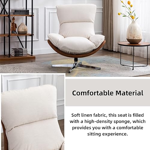 Miniatura 3 de LukeAlon Silla giratoria de lino, silla tapizada de respaldo alto con base de metal, cómoda silla reclinable moderna para sala de estar, oficina,