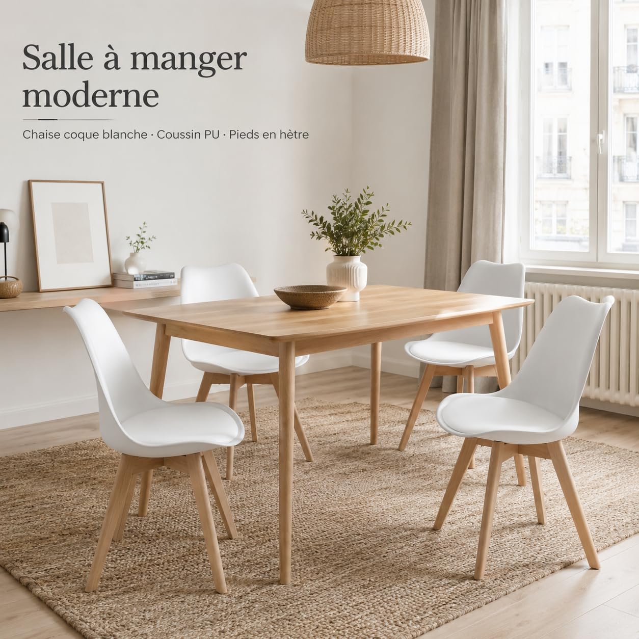EGGREE 4 Chaises Salle à Manger Scandinaves SGS Tested Lot de 4 Chaises de Cuisine Rétro Rembourrée Chaise de Salle de Bureau, Pieds en Bois de Hêtre Massif, Blanc
