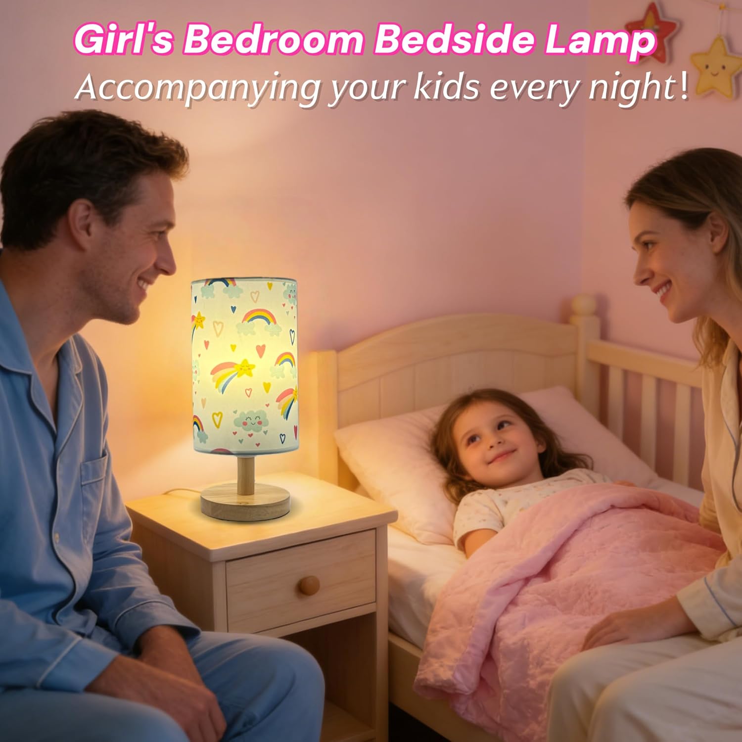 Rainbow Lamp for Girls Bedroom,Gifts for Girls-3 Color Modes Nightstand Night Light Lamp,Wood Base Flaxen Fabric Shade Desk Reading Lamp for Bedroom Living Room Office Christmas Gifts for Girl