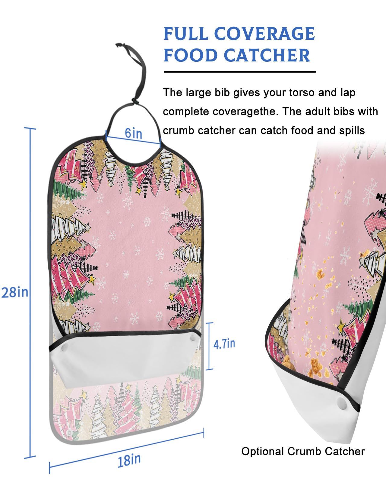 Adult Bibs for Elderly Women - Pink Christmas Tree Waterproof Dining Clothing Protectors with Crumb Catcher for Eating/Feeding, Pink Beige Green Xmas Tree Snowflake Terry Cloth Bib Machine Washable