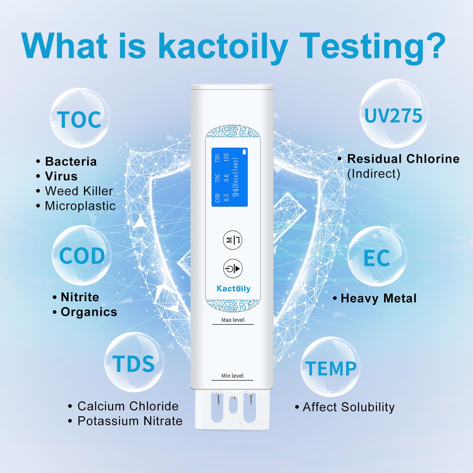 Testeur d'eau numérique 6 en 1 pour eau potable, qualité laboratoire, TOC/COD/EC/UV275/Temp/TDS Testeur d'eau numérique pour la maison, le camping-car, le camping, puits, l'eau du robinet