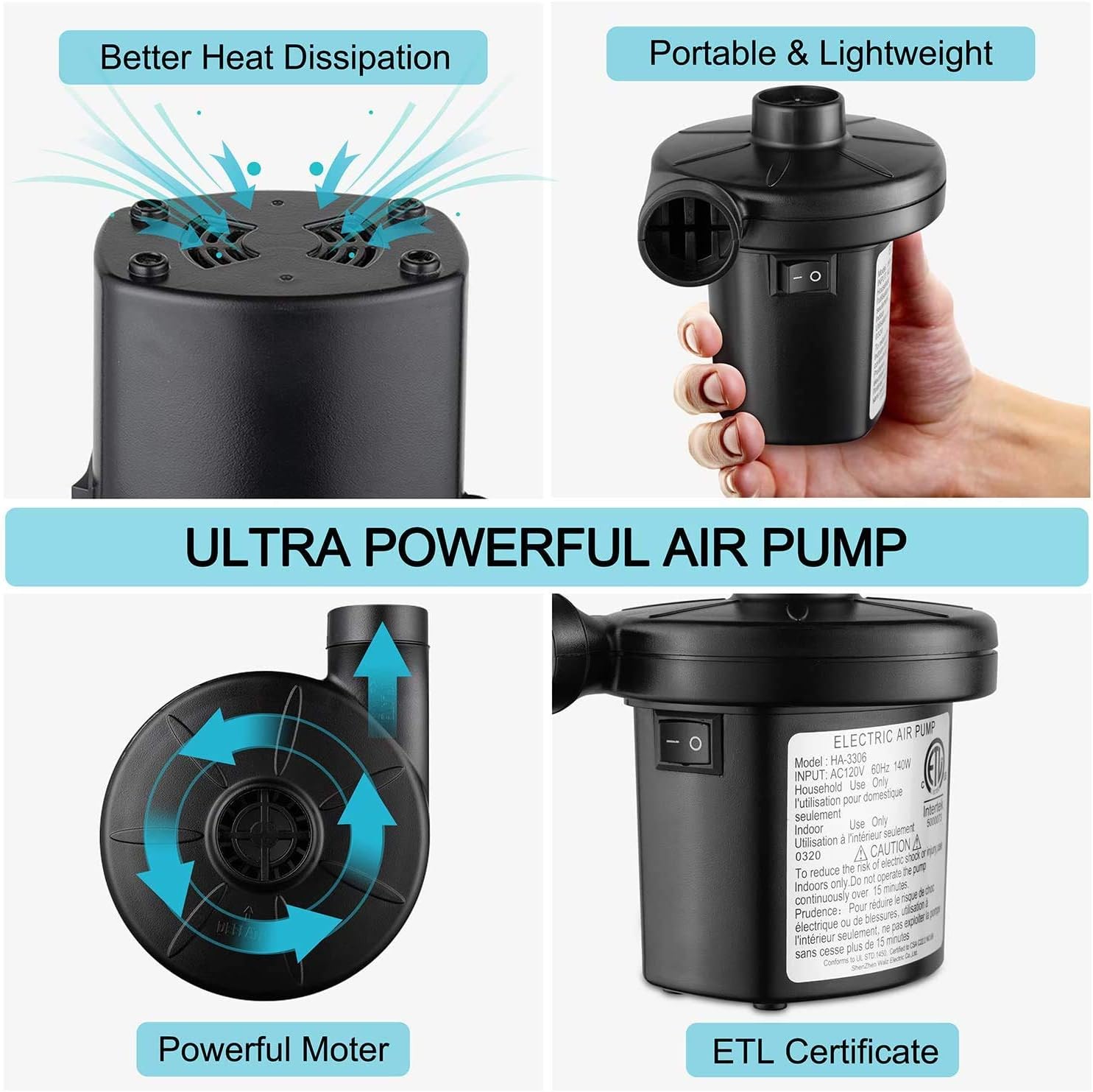 Electric Air Pump, Portable Quick-Fill Air Pump with 3 Nozzles, 120V AC/12V DC, Perfect Inflator/Deflator Pumps for Camping, Inflatable Cushions, Air Mattress Beds, Boats, Swimming Ring - Colors Vary : Home & Kitchen