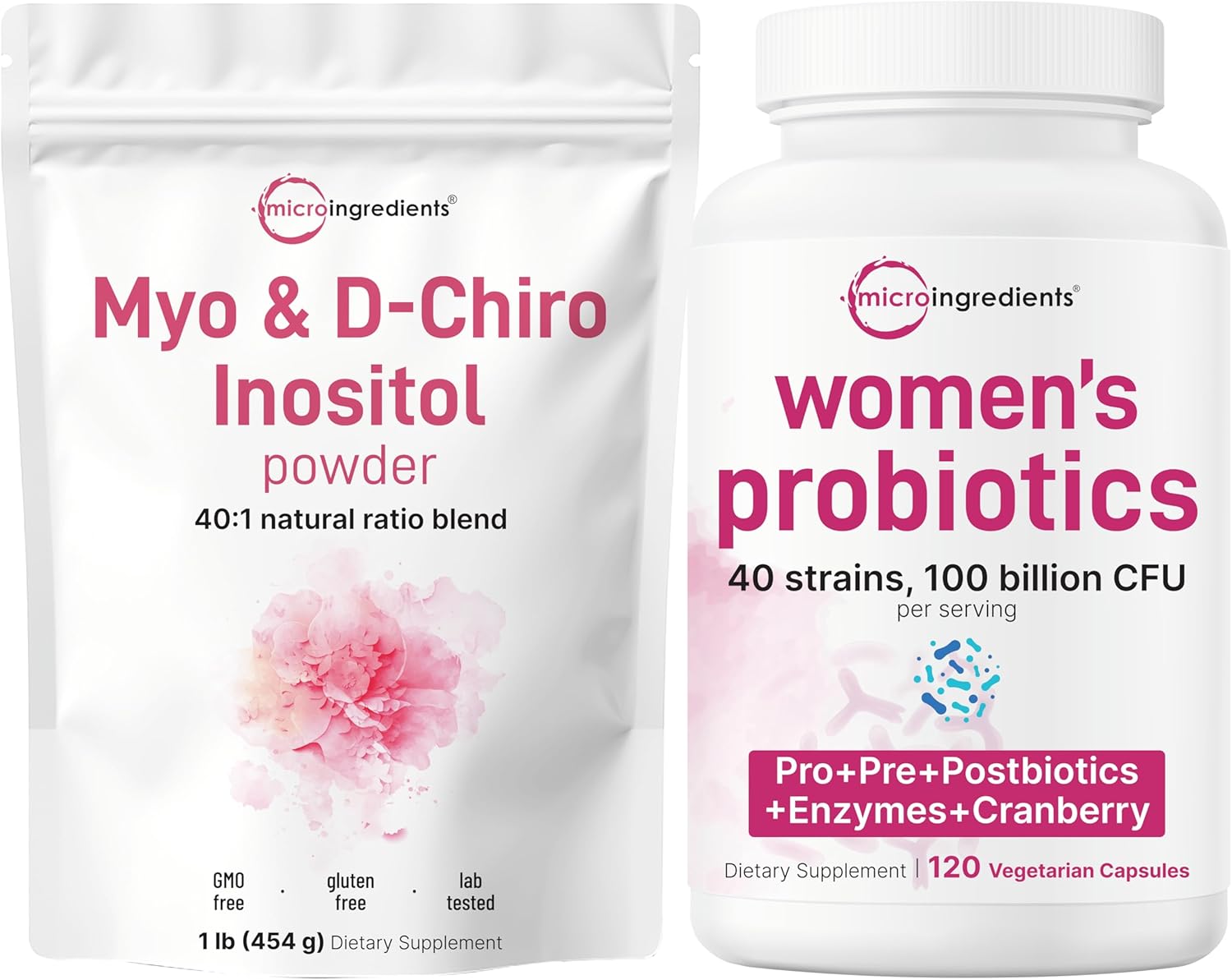 Micro Ingredients Myo-Inositol with D-Chiro Inositol Powder & Women’s Probiotics 100 Billion CFU Veggie Capsules | 2 Pack Bundle | 40:1 Ideal Ratio | 40 Strains + Cranberry & D-Mannose