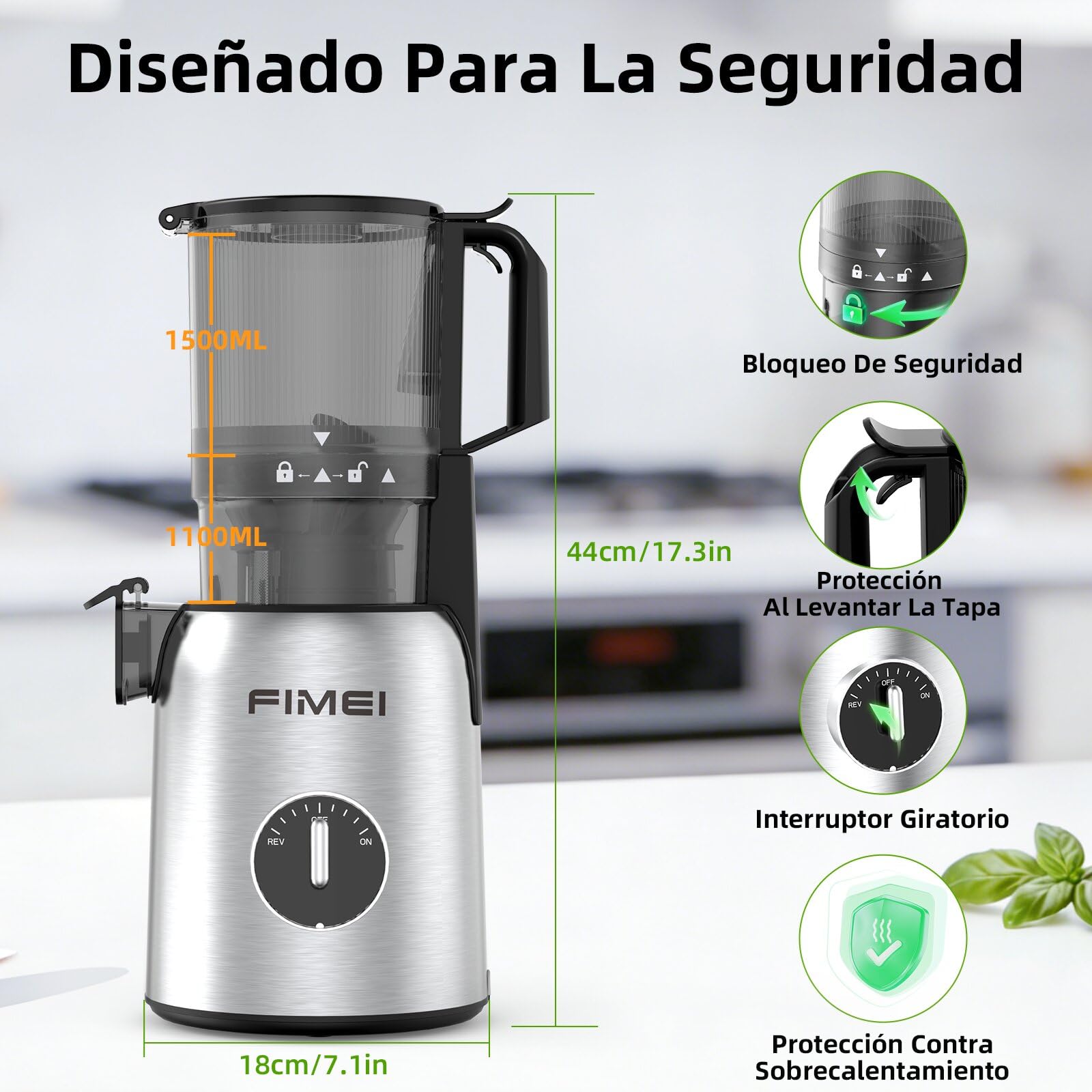 FIMEI Extractor de Zumos y Verduras, Licuadora Prensado en Frio para Verduras Frutas Enteras con Apertura de 135 MM, Fácil Montaje y Limpieza, Extractor de Jugo Incluye 2 Vasos, Sin BPA, Base inox