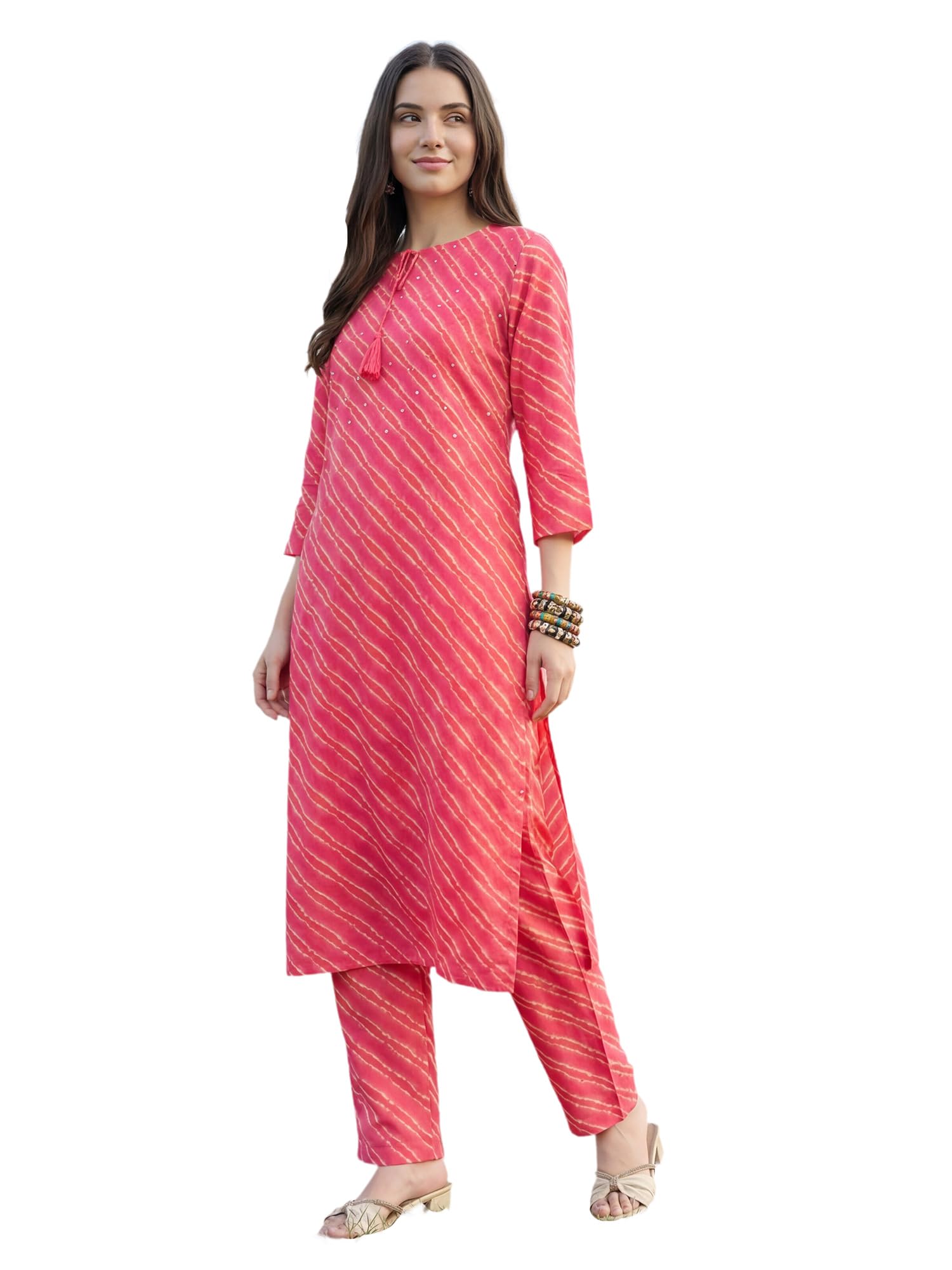indo era Women's Viscose Rayon Leheriya Printed Sequinned Kurta & Pant Set (RRAI12279)-picture-13