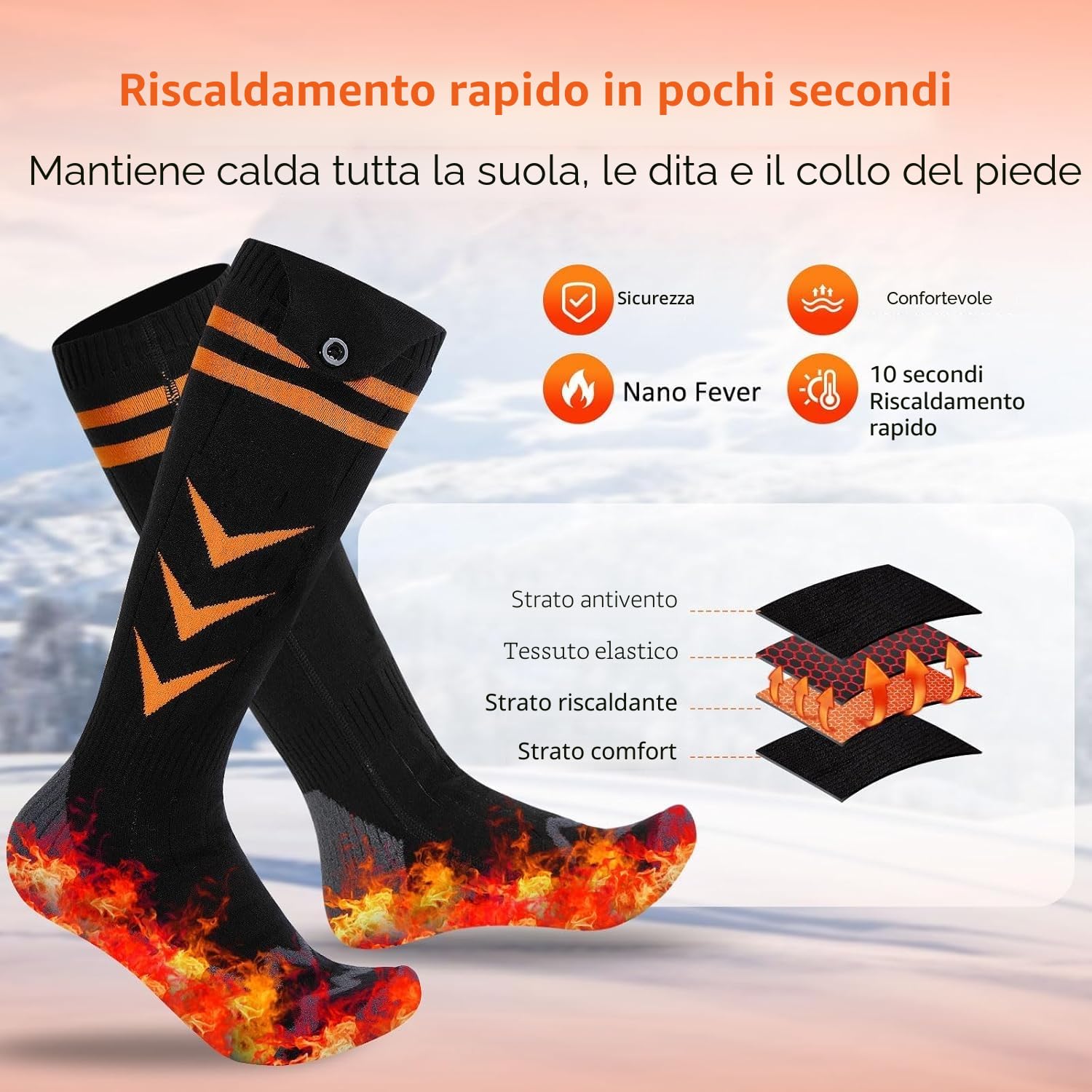 Calze Riscaldate a Batteria, 5000mAH Calzini Scaldapiedi Con controllo dell'app, USB Riscaldati Scaldapiedi Elettrico con 4 Impostazioni di Riscaldamento per Sport All'Aperto e Sci