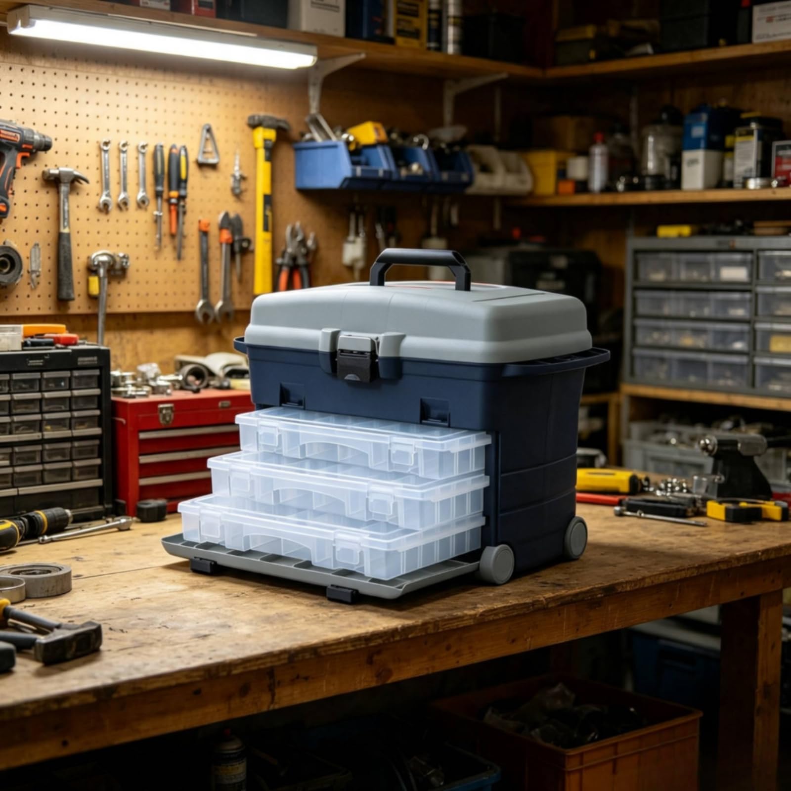 Contenitore Attrezzatura da Pesca Scatola Tackle Organizer Cassetta Portaesche con Vassoi Estraibili Design a Due Livelli in Plastica Robusta con