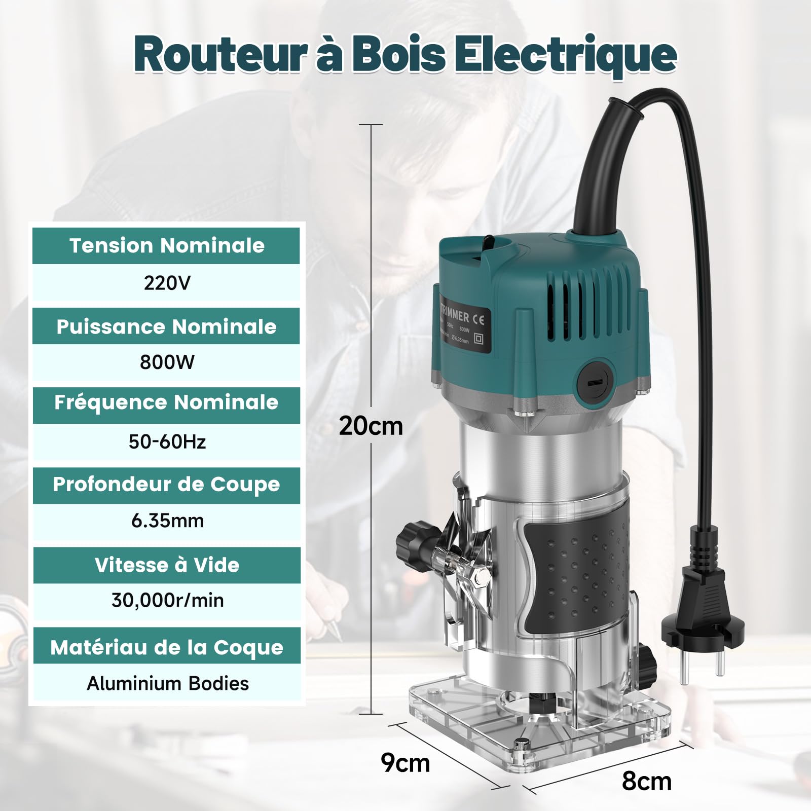 Yofuly Défonceuse à Bois Affleureuse Électrique 800W 13000-33000RPM, Routeur à Bois Électrique avec 15 Fraises à Défoncer Queue de 1/4" pour Travail du Bois