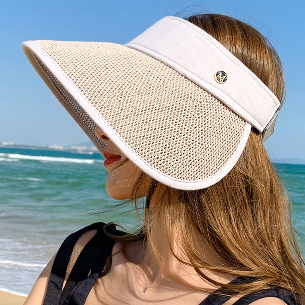 Sombrero de Verano para Mujer, Sombrero de Copa vacío Plegable, Sombreros de Visera de ala Grande para Mujer, Gorra de Playa Ajustable para Mujer (Color : A, Size : 55-58cm) (E 6 3/4)