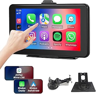 Portable Car Stereo with Apple Carplay and Android Auto, 7" Touchscreen Portable Car Radio Receiver with Apple Airplay Mirror Link FM Transmitter Bluetooth AUX/TF Voice Control Car Navigation 7-32V
