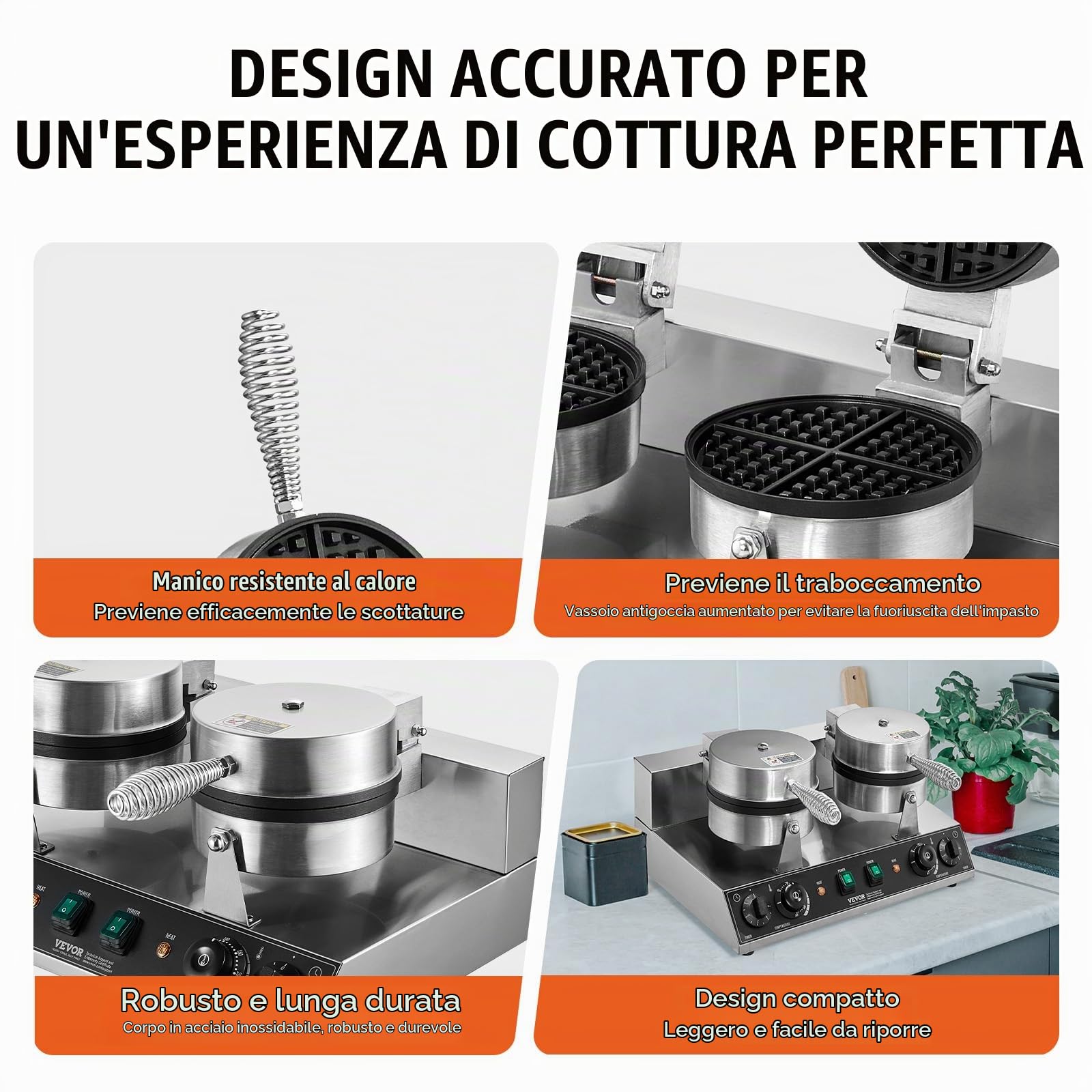 VEVOR Macchina per Waffle Commerciale Rotonda a Doppia Testa, Piastra Waffle Belga in Acciaio Inox Antiaderente 2460 W con Controllo Temperatura Tempo e Maniglia, per Ristoranti Panetterie, Snack Bar
