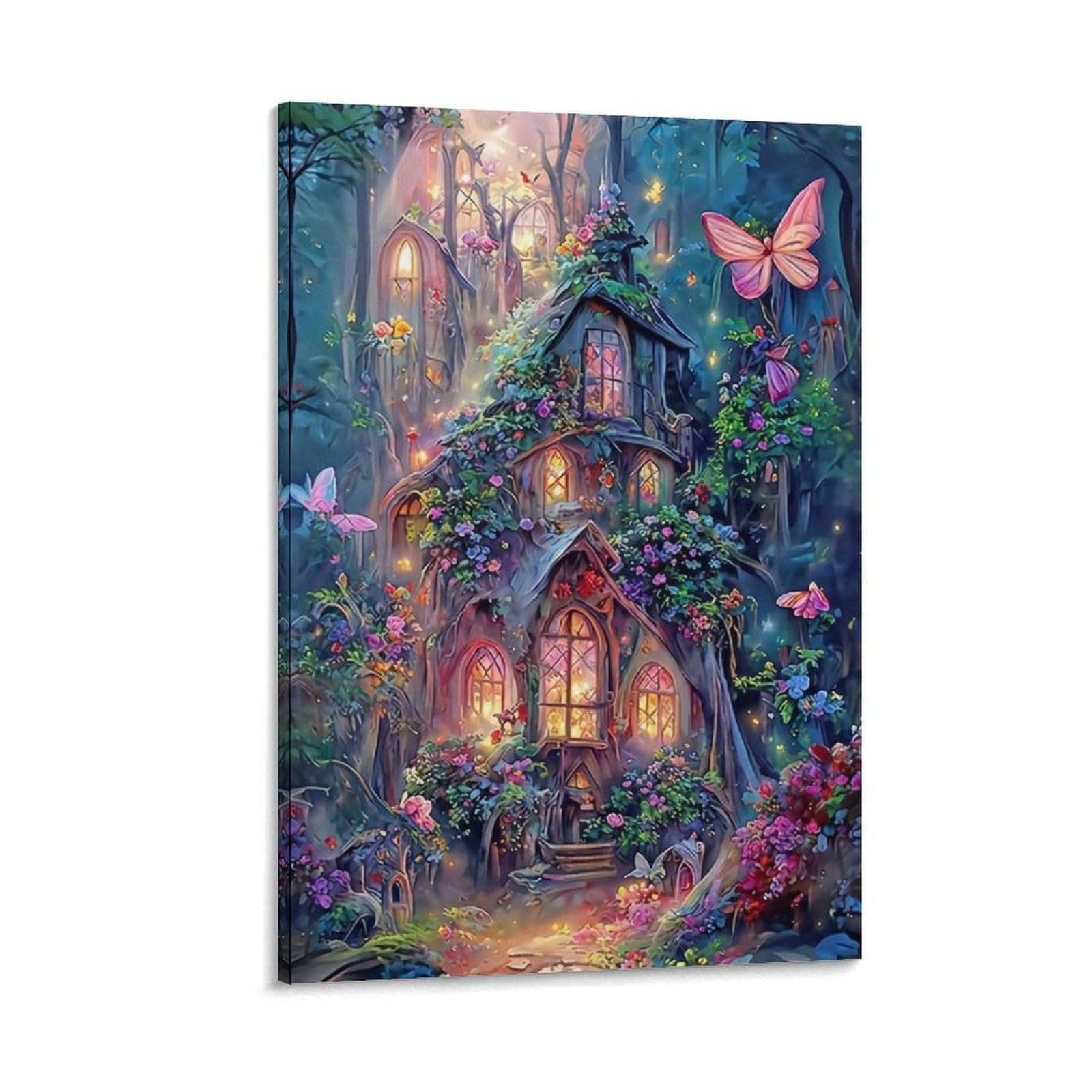 DHBANEIOK Enchanted Forest Cottage Wall Decor Poster Canvas Prints Picture Modern Canvas Wall Art Picture Wall Hanging for Bedroom Living Room Decor 20x30inch(50x75cm)
