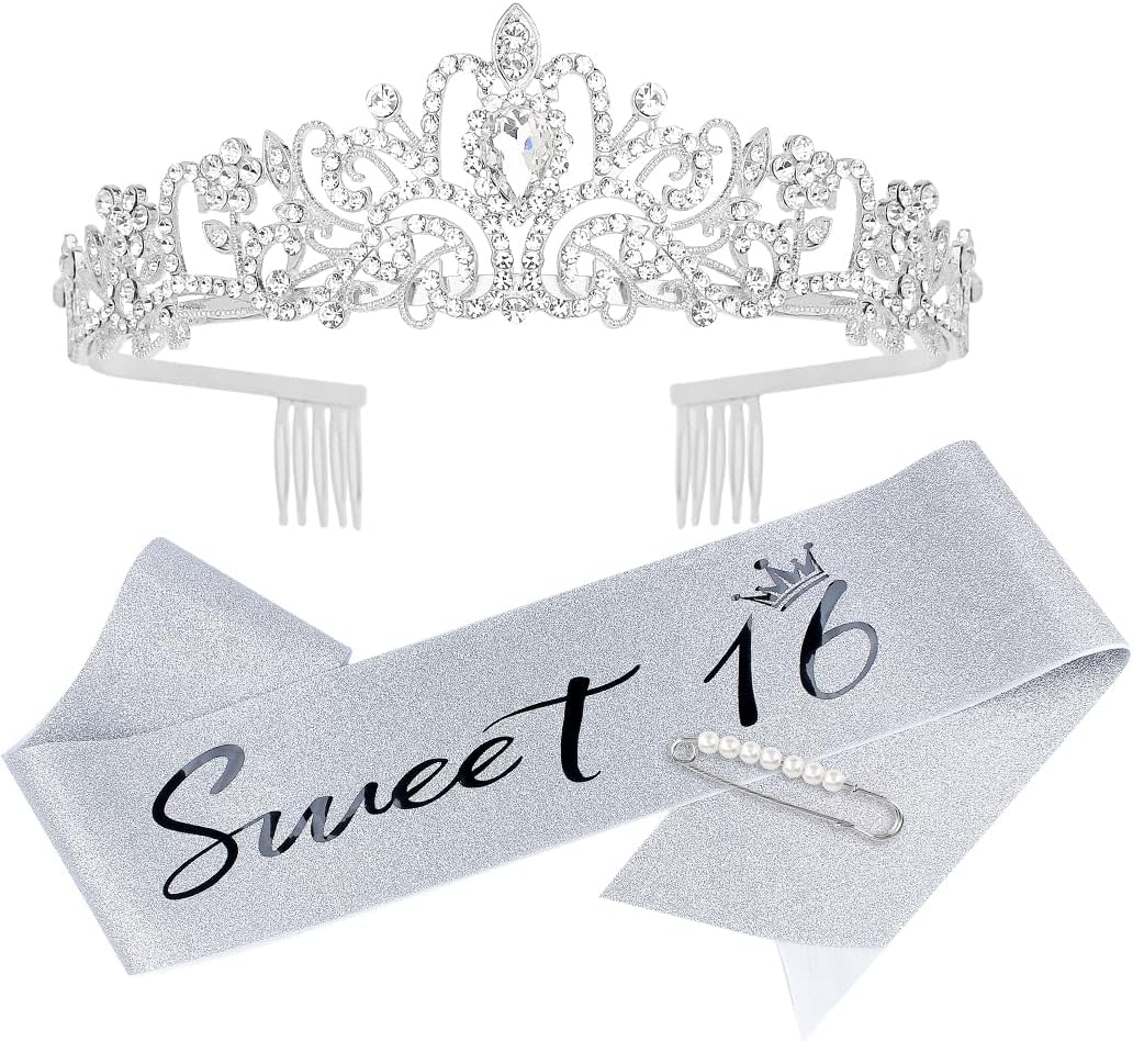 AOPRIE Birthday Sash & Crown - Silver Rhinestone Tiara for Girls & Women - Sweet 16 Birthday Accessories