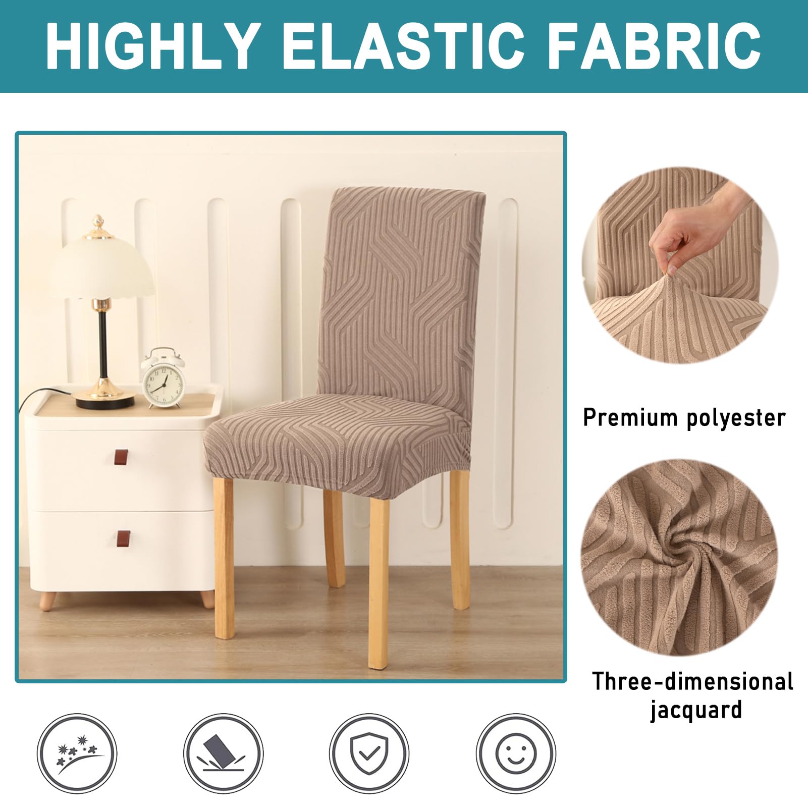 Stretch Stuhlhussen 1/2/4/6er Set, Moderne Jacquard Stuhlbezug, Waschbar Abnehmba Stuhlhussen, für Esszimmer, Hotel, Bankett, Partys Deko, Hochzeit (Khaki,6 PCS)