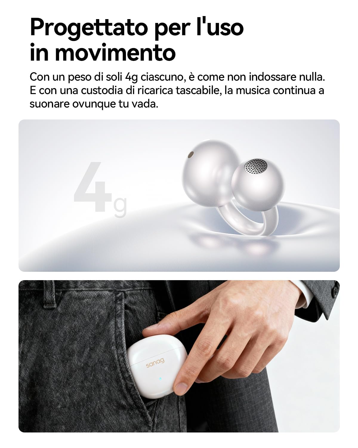 SANAG Cuffie Open Ear Bluetooth 6.0, Auricolari Clip-on Senza Fili con Audio Dyna HiFi, Anti-Perdita di Suono, AI ENC, IP67 Impermeabile, Batteria 40H, Controllo App per Sport Corsa