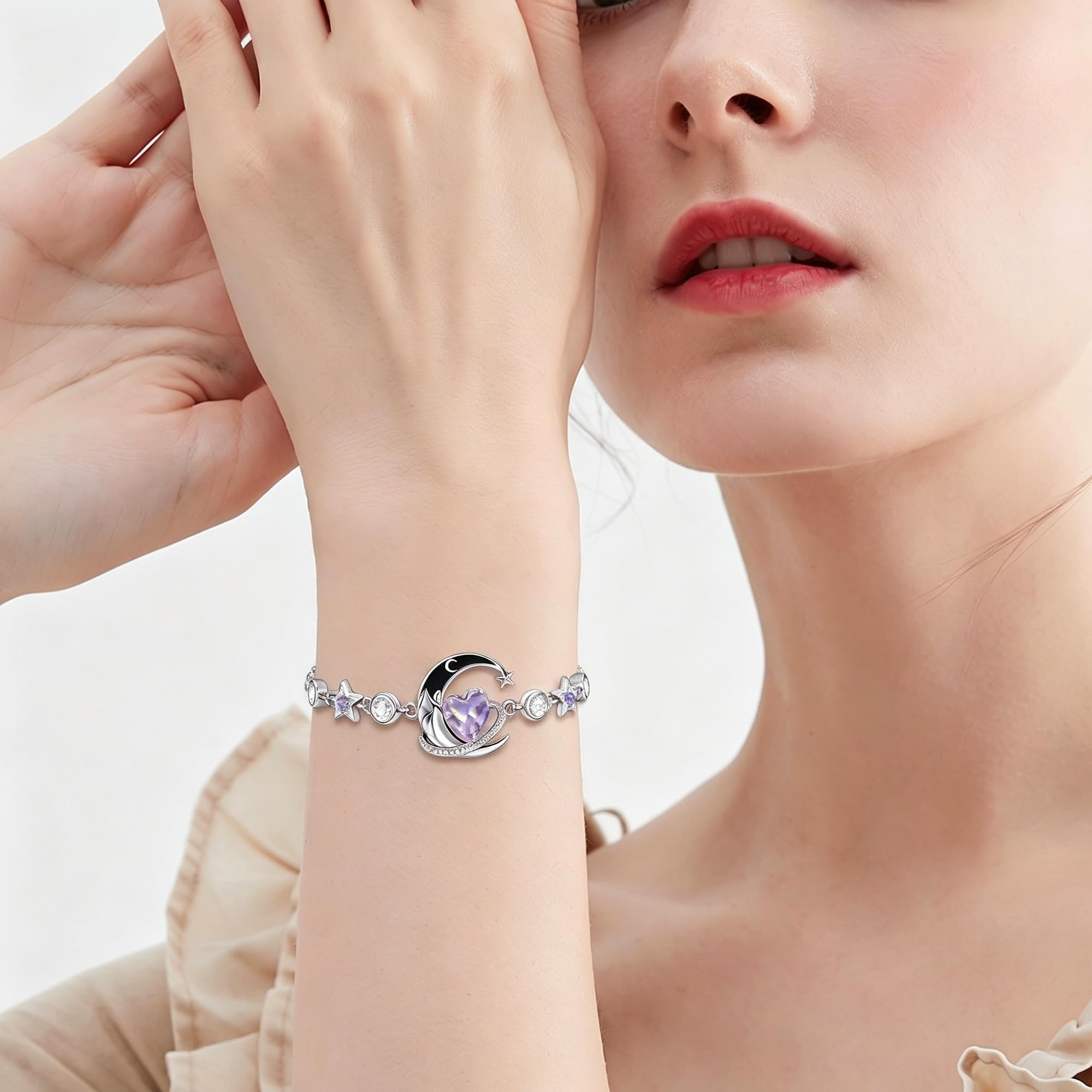 Pulsera de luna y estrella de plata de ley 925 con piedra natal con 12 polillas, regalo de cumpleaños para mujer