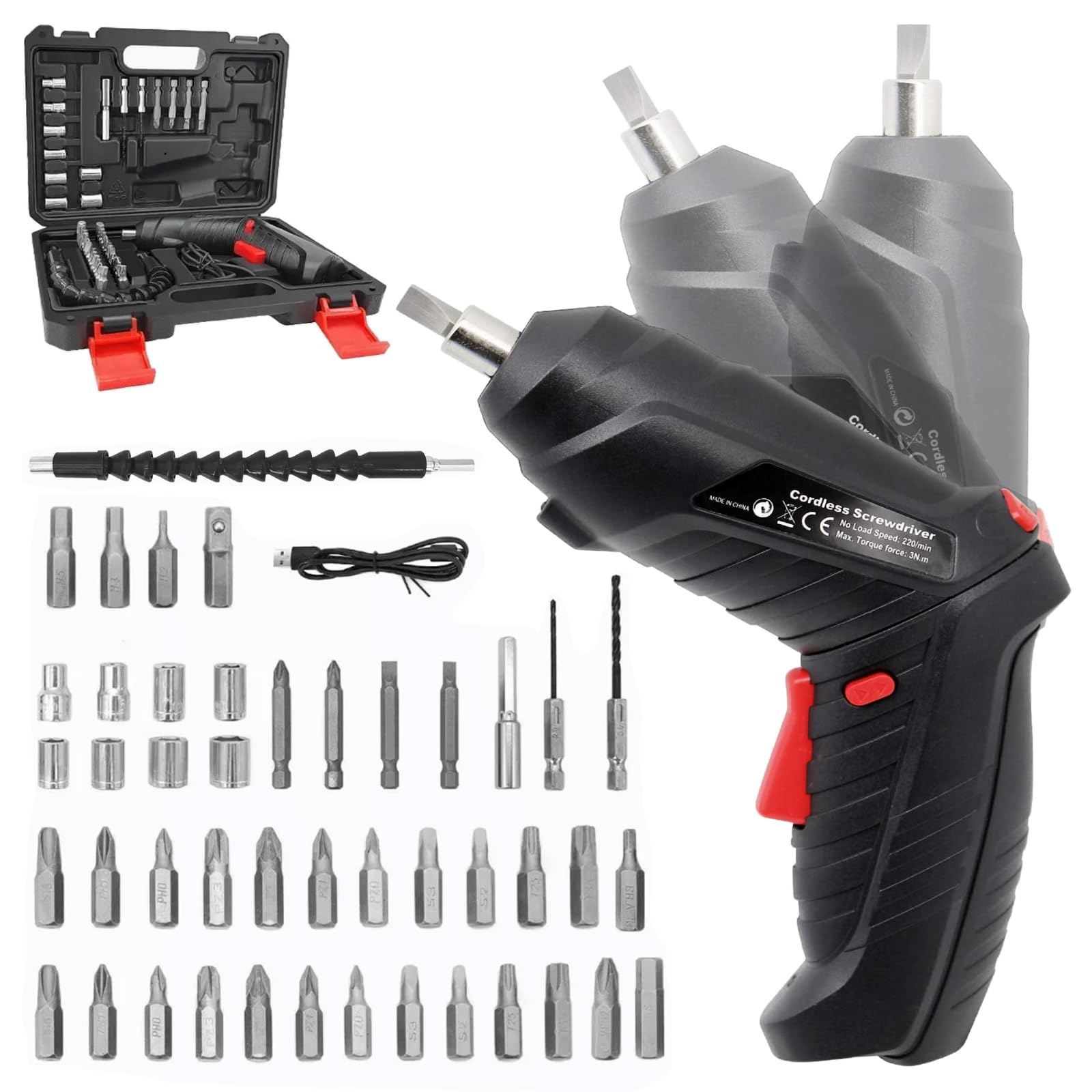 3.6V Electric Cordless Screwdriver, Rechargeable Portable Electric Screwdriver Set 47 Pieces with LED Light, Rotatable Handle (90°-180°), with Suitcase, for Home, DIY, Decoration, Black-image-18