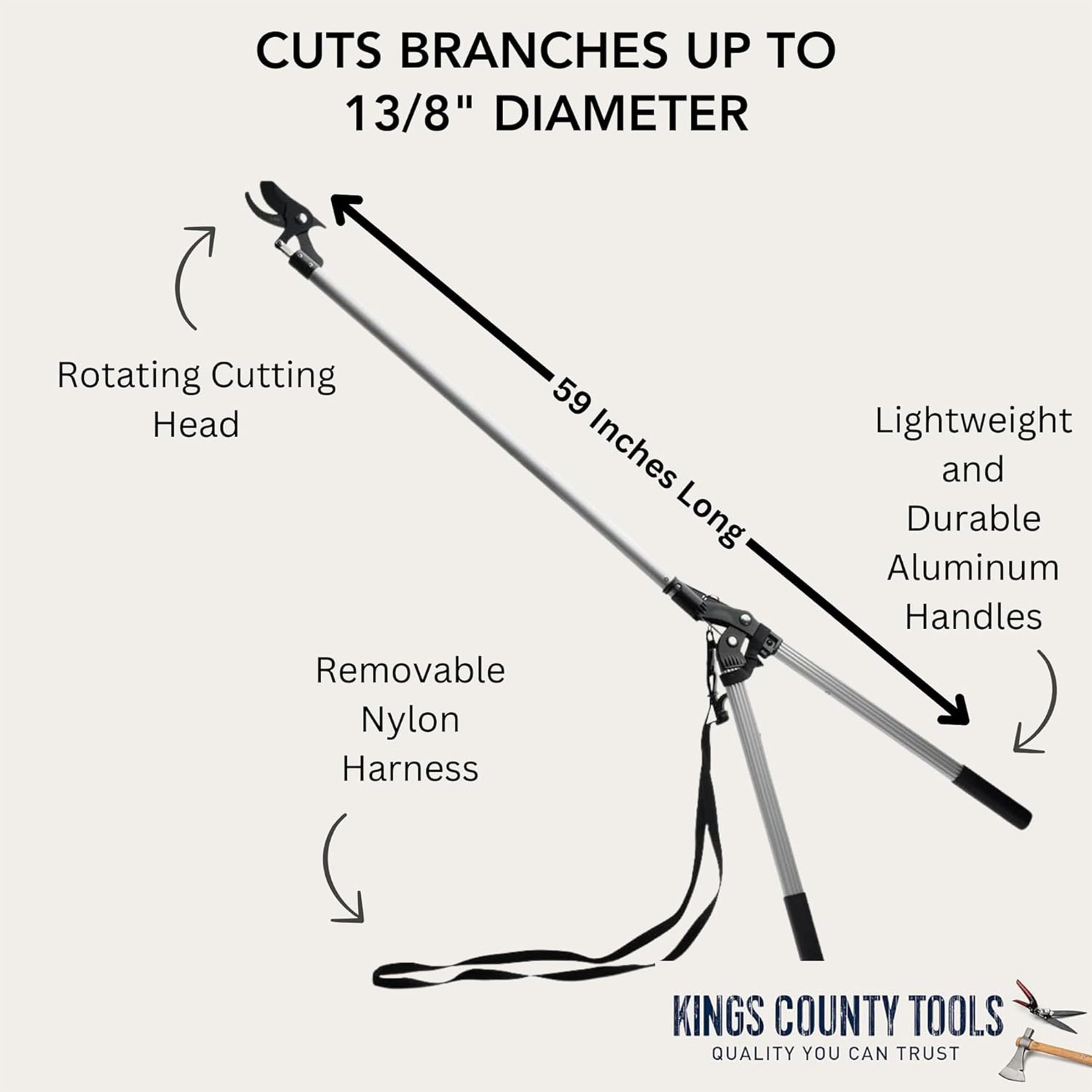 Kings County Tools Razor Sharp - Podadora de largo alcance con cabezal giratorio Herramientas - Asas de aluminio duraderas - Correas incluidas para comodidad durante todo el día