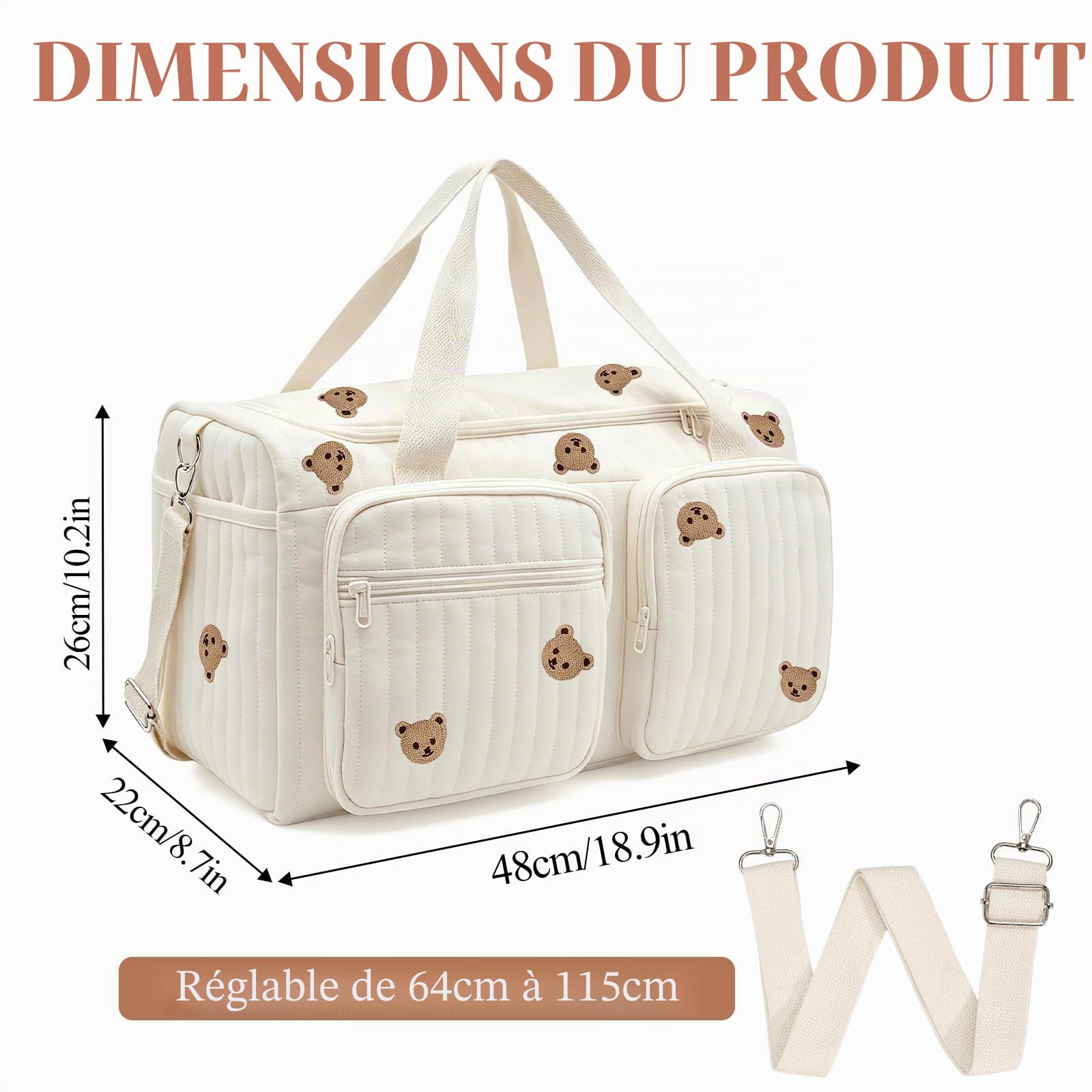 Sac à Langer Bebe Bandoulière 48x26x22cm, Sac de Maternité Multi Poches, Sac de Voyage Femme avec Ceinture Ajustable