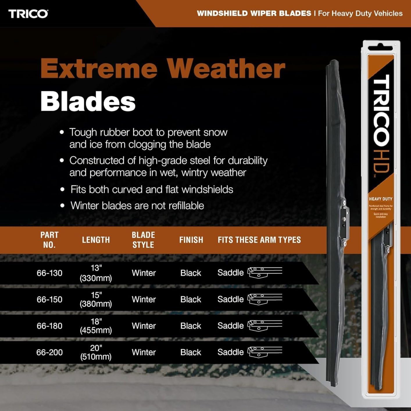 10-Wiper Factory Master Case - Bulk 18" HD WINTER Wipers for Fleets & Service Repair Shops - TRICO 66-180 Heavy Duty 18 Inch for flat & curved glass fits Saddle Attachment Arms - Ice/Snow