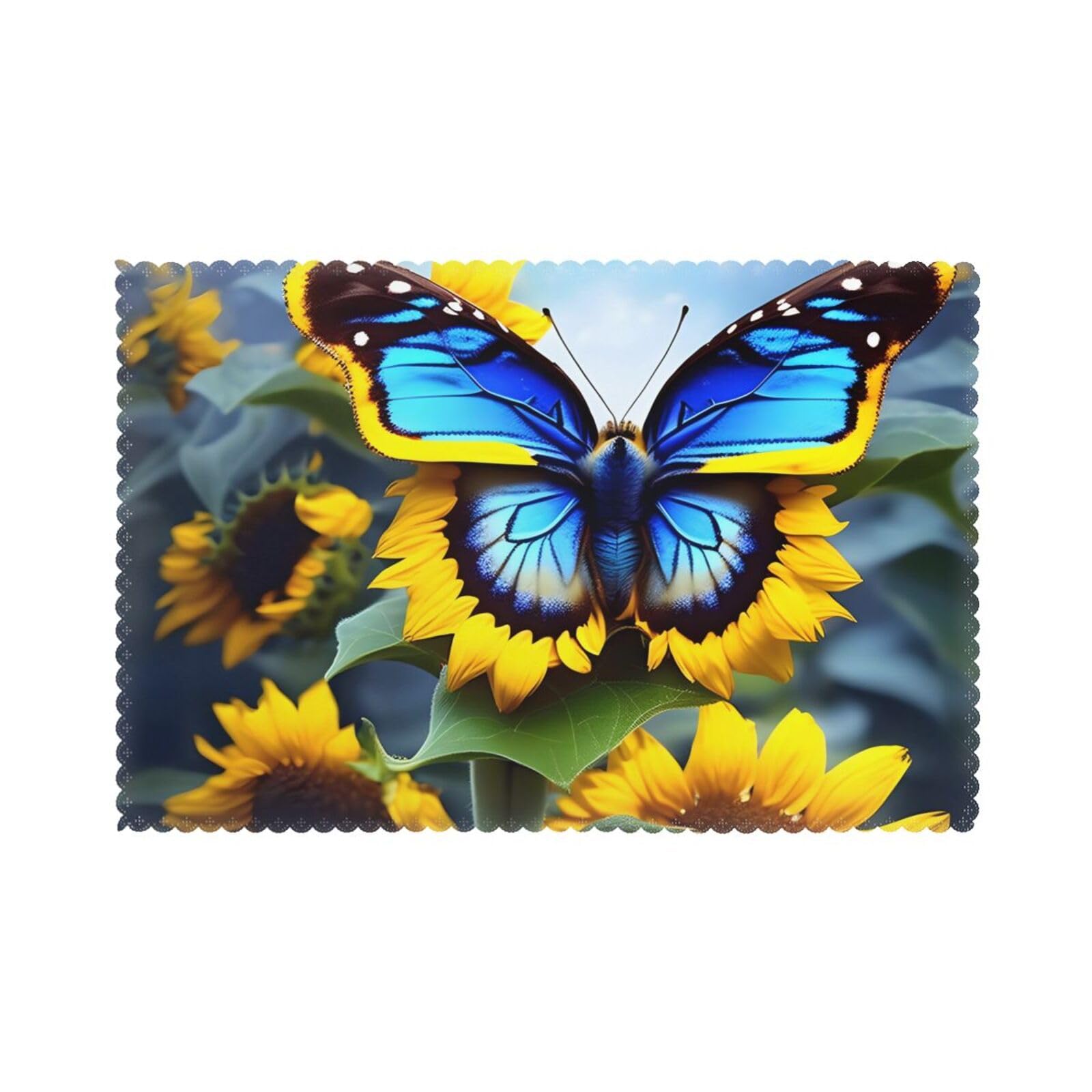 Sunflower Blue Butterfly Placemat set of 6, oil-proof and insulated dining table placemats, washable and wipeable.