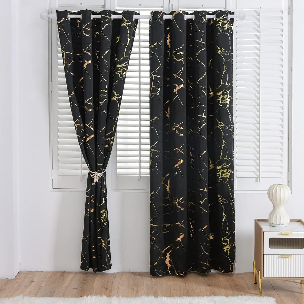 Black Gold Foil Printed Marble Grommet Blackout Curtain Black Golden Metallic Glitter Drapery for Living Room Bedroom Guestroom Home Decor, 42"x72"