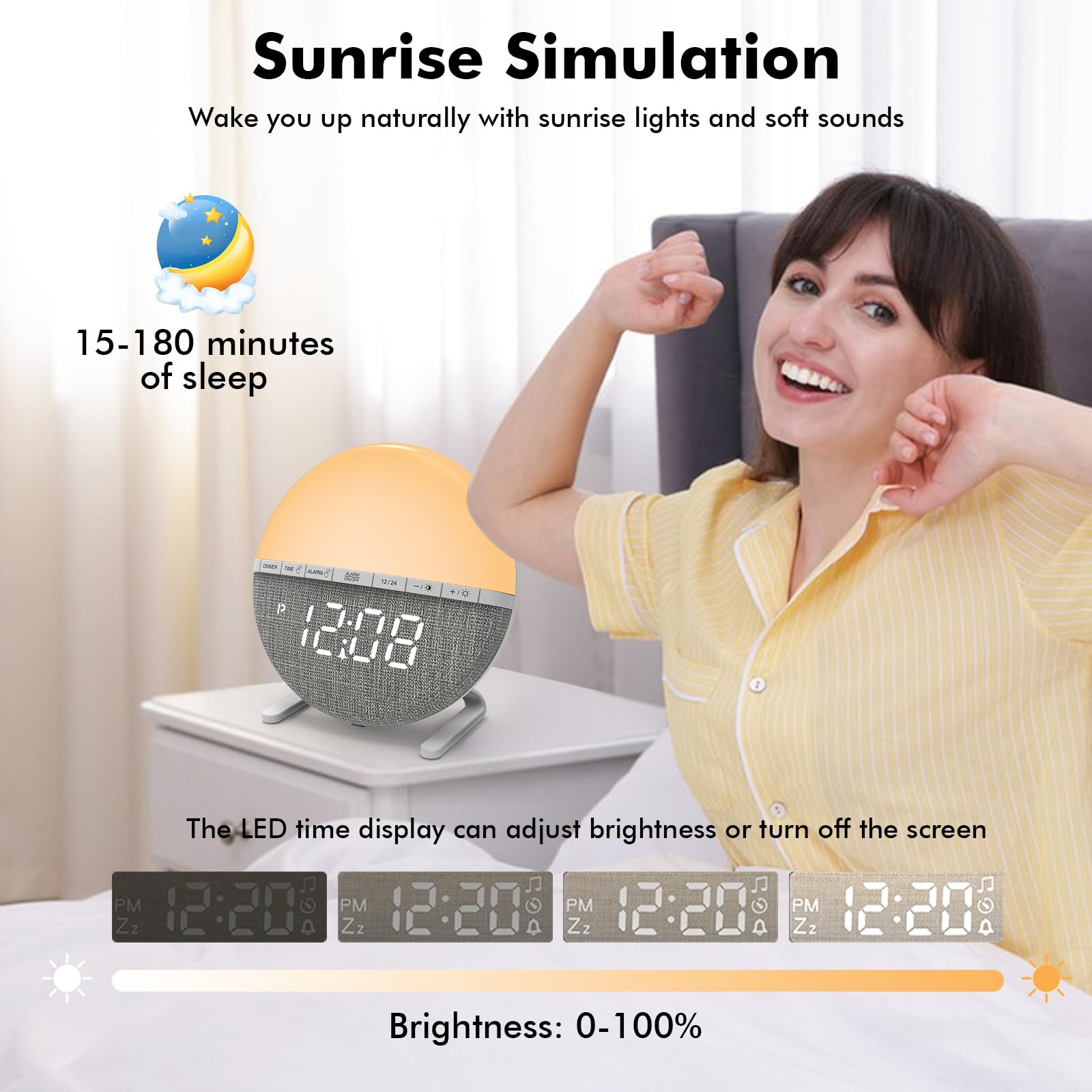 GOMETY Réveil Lumineux Simulateur d’Aube, Réveil Lever du Soleil avec Snooze, 7 Sons Naturels, Veilleuse LED 9 Couleurs, Réveil Enfant et Adulte pour Chambre