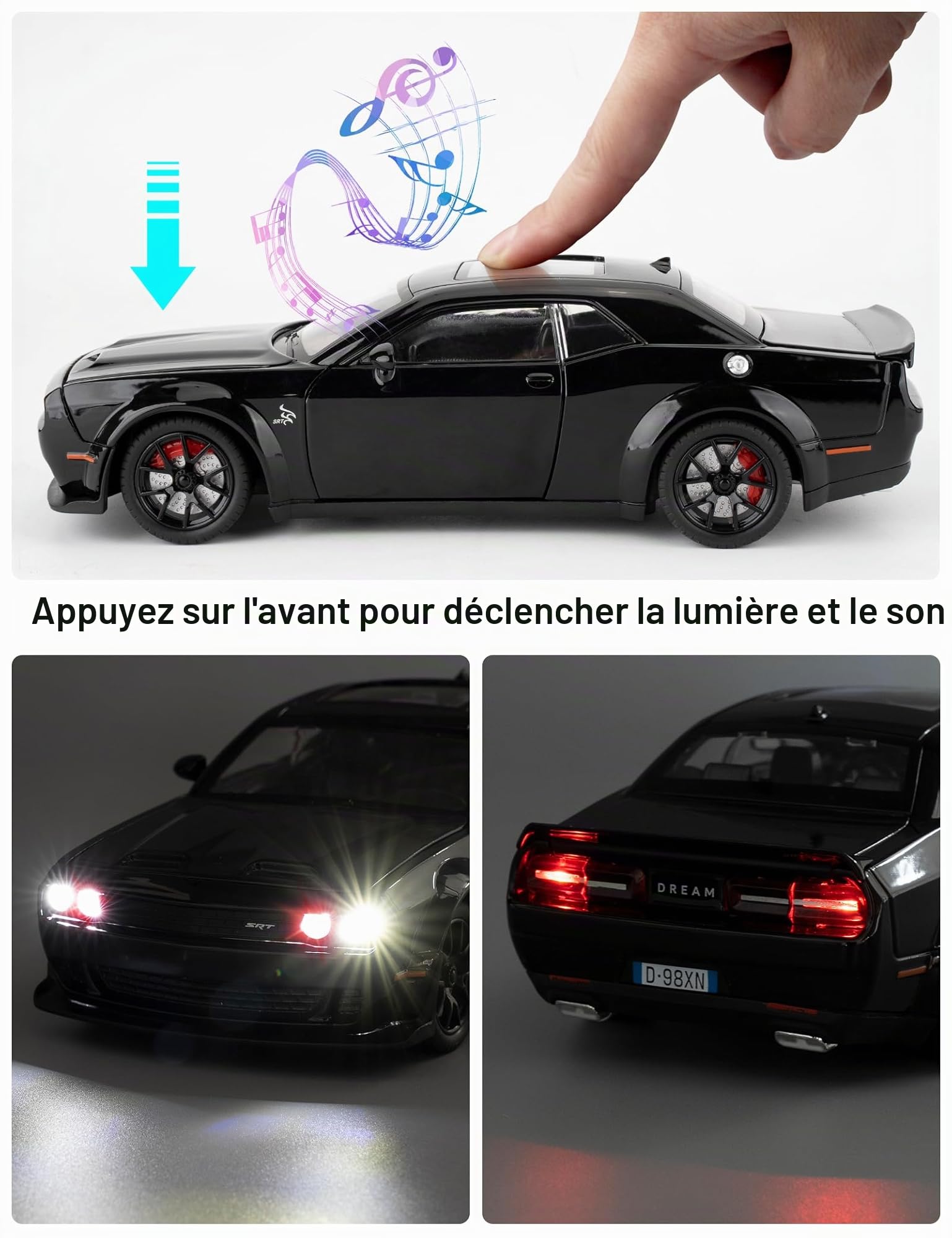 imtfzct Modèle de voiture 1/24 Dodge Challenger SRT Hellcat, modèle à collectionner en métal avec lumières et sons, jouet de voiture à tirer vers l'arrière pour décoration, cadeau d'anniversaire pour