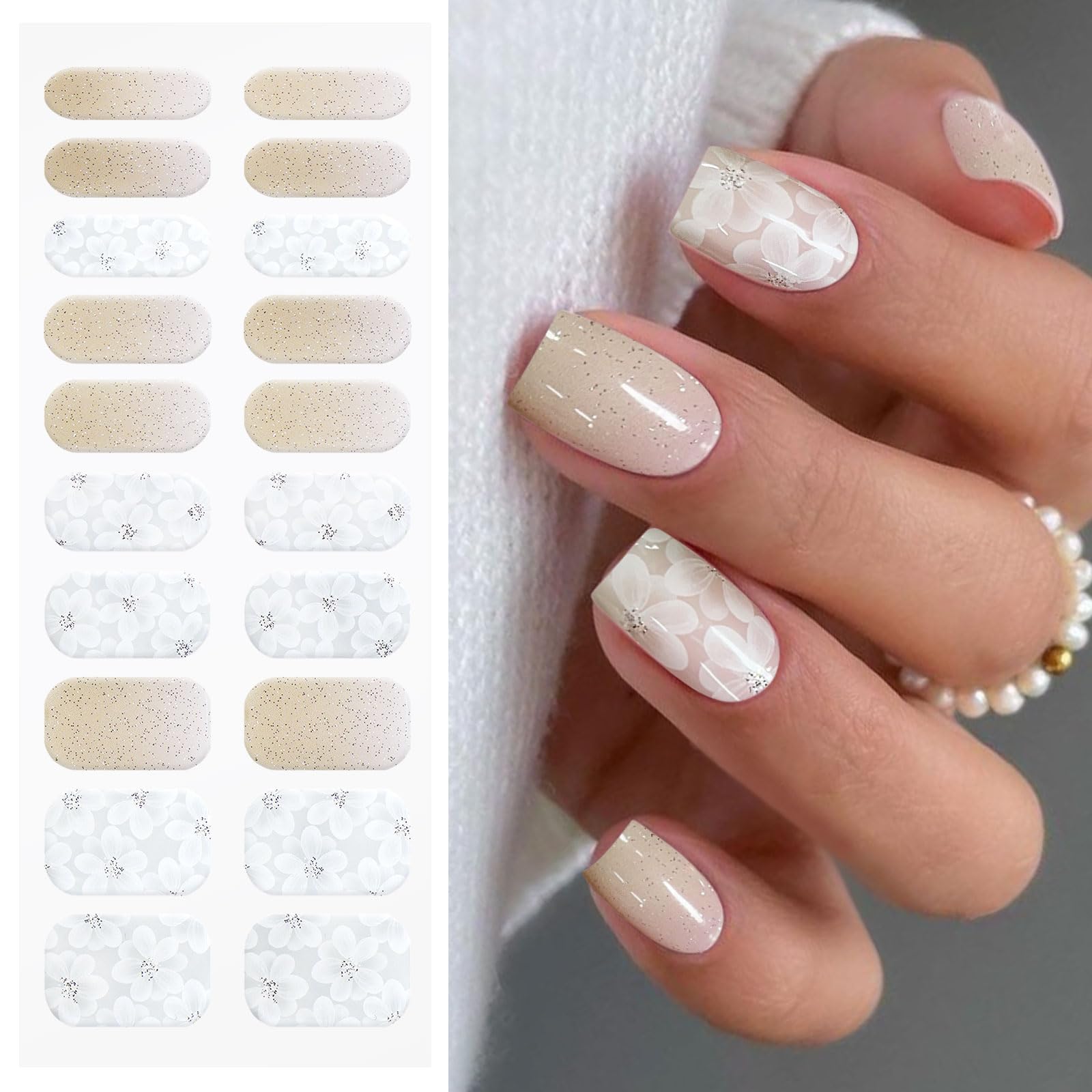 JMEOWIO Nagelfolie UV Härtend Weiße Glitzerblume UV Gel Nail Strips Nagelsticker Nagelaufkleber Nail Art Dekoration Nageldesign Zubehör