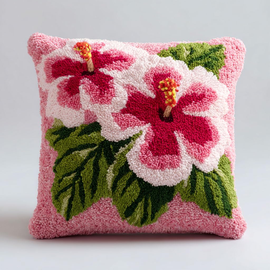Henypt Latch Hook Kits-C Latch Hook Cushion Kits, Pink Flowers Diy Latch Hook Kits Pillow Printed Cushion Embroidery Needlework Craft Embroidery Kit,17X17inch